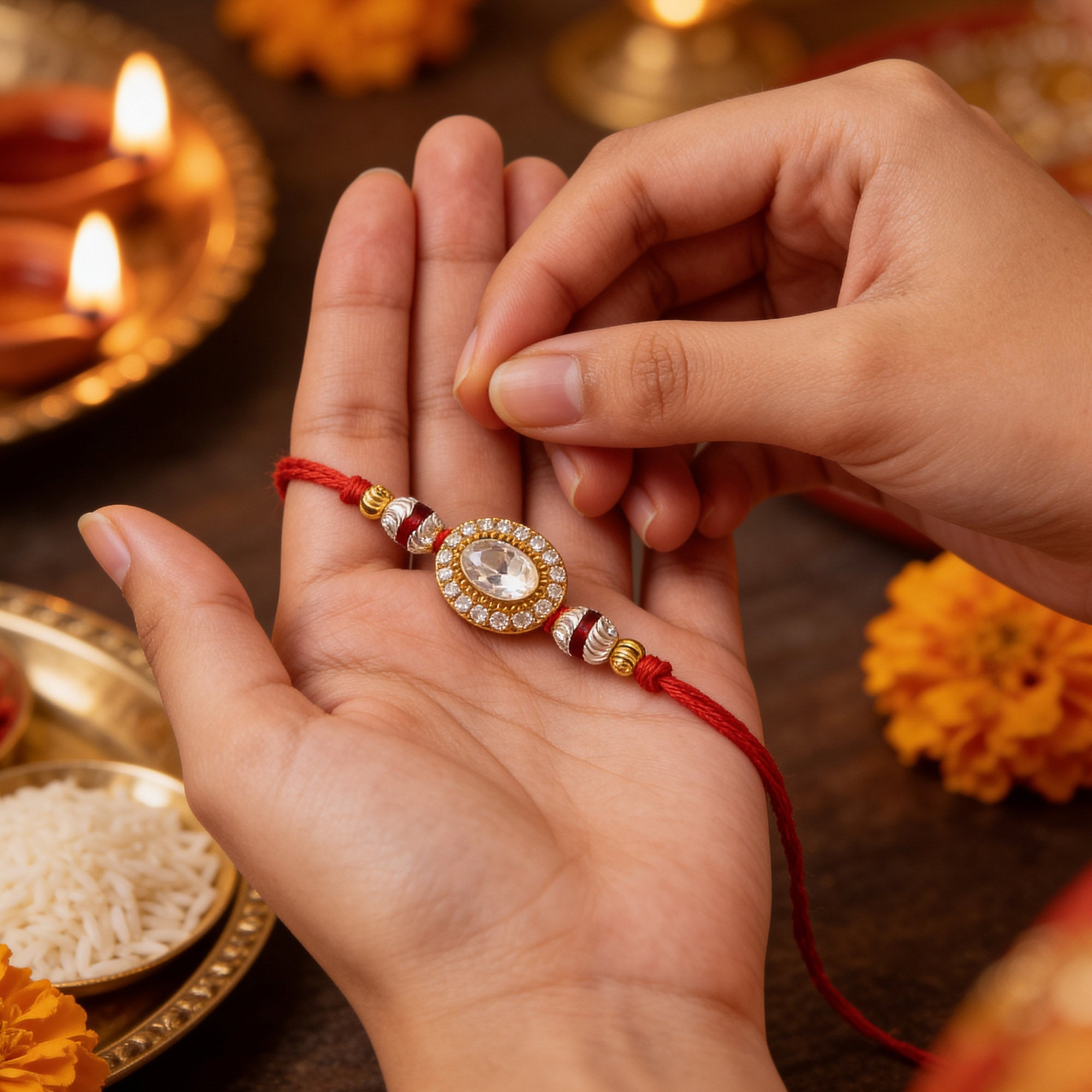Oval Stone Halo Gems Rakhi