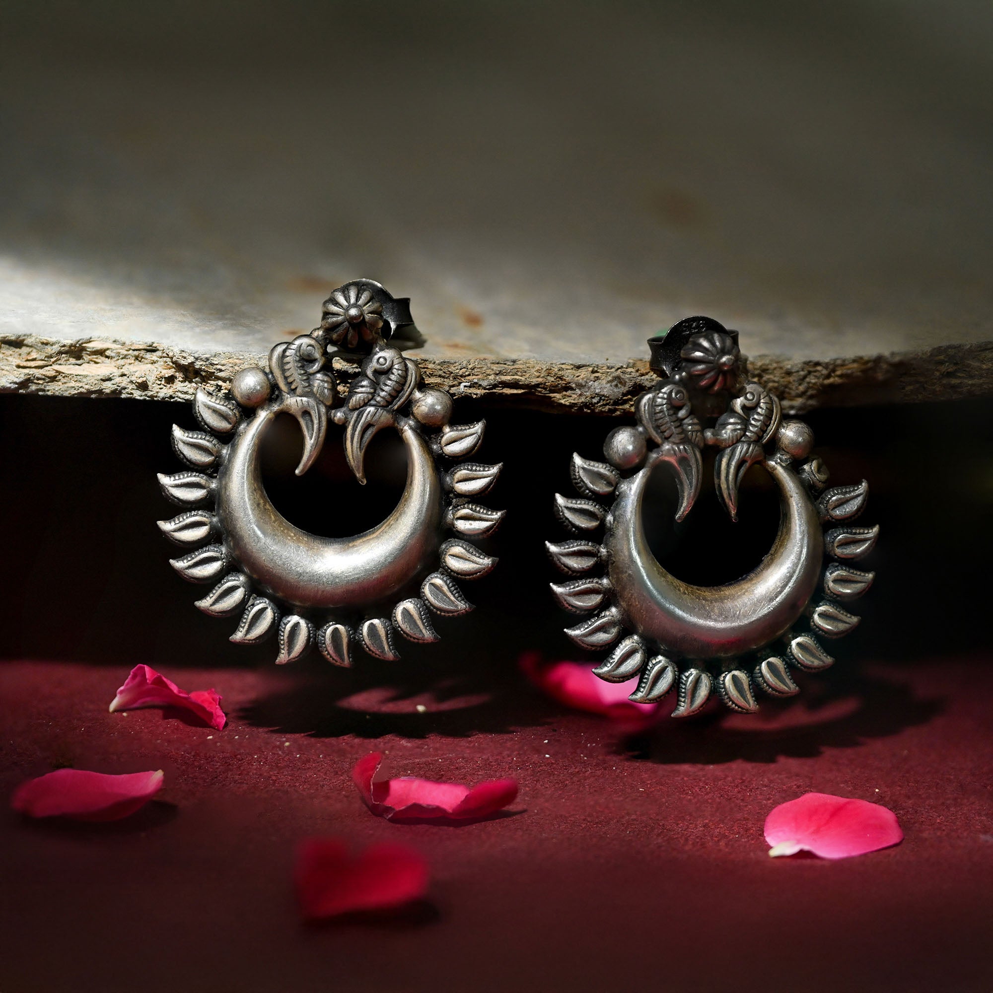 Crescent Motif Silver Earrings