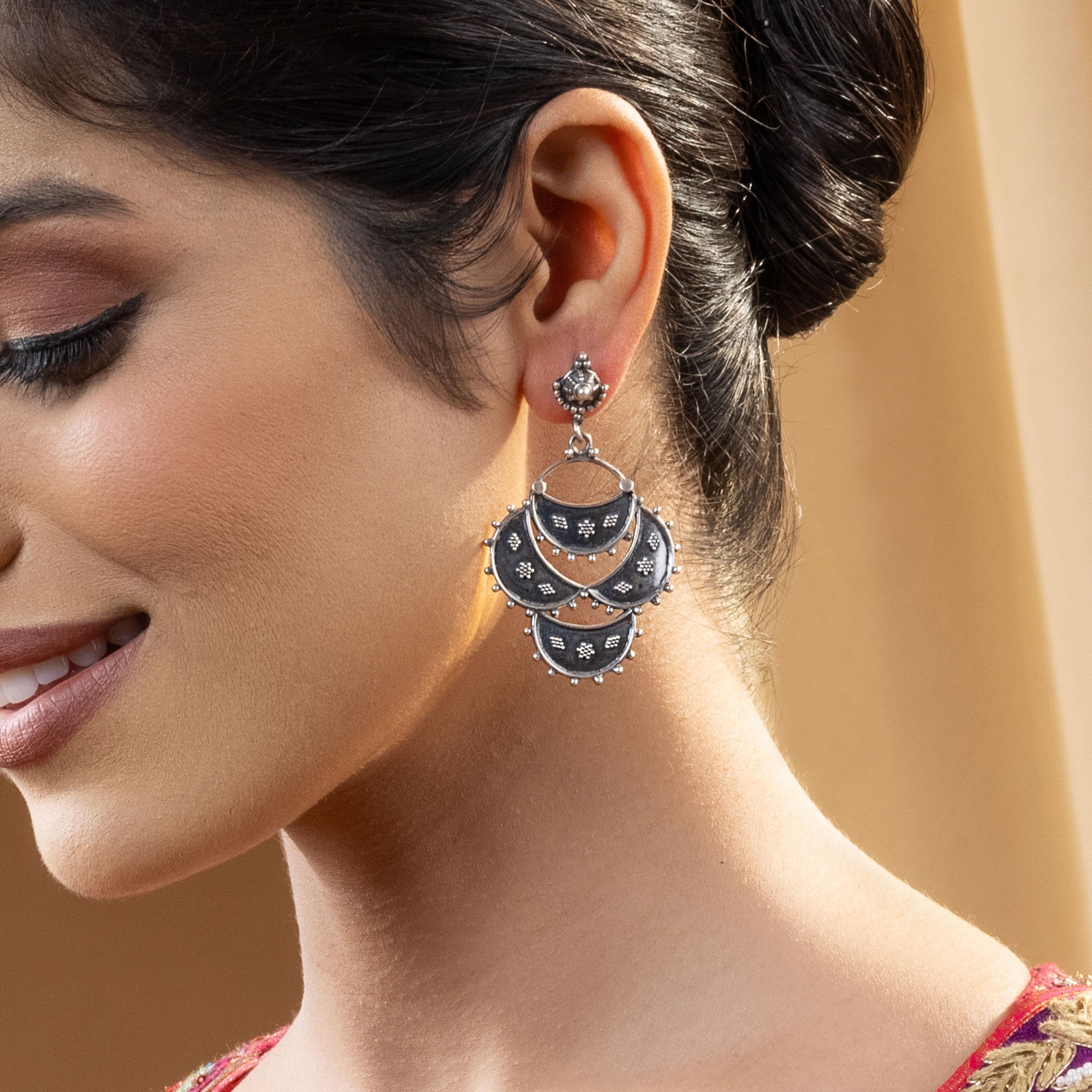 Layered Crescent Silver Earrings
