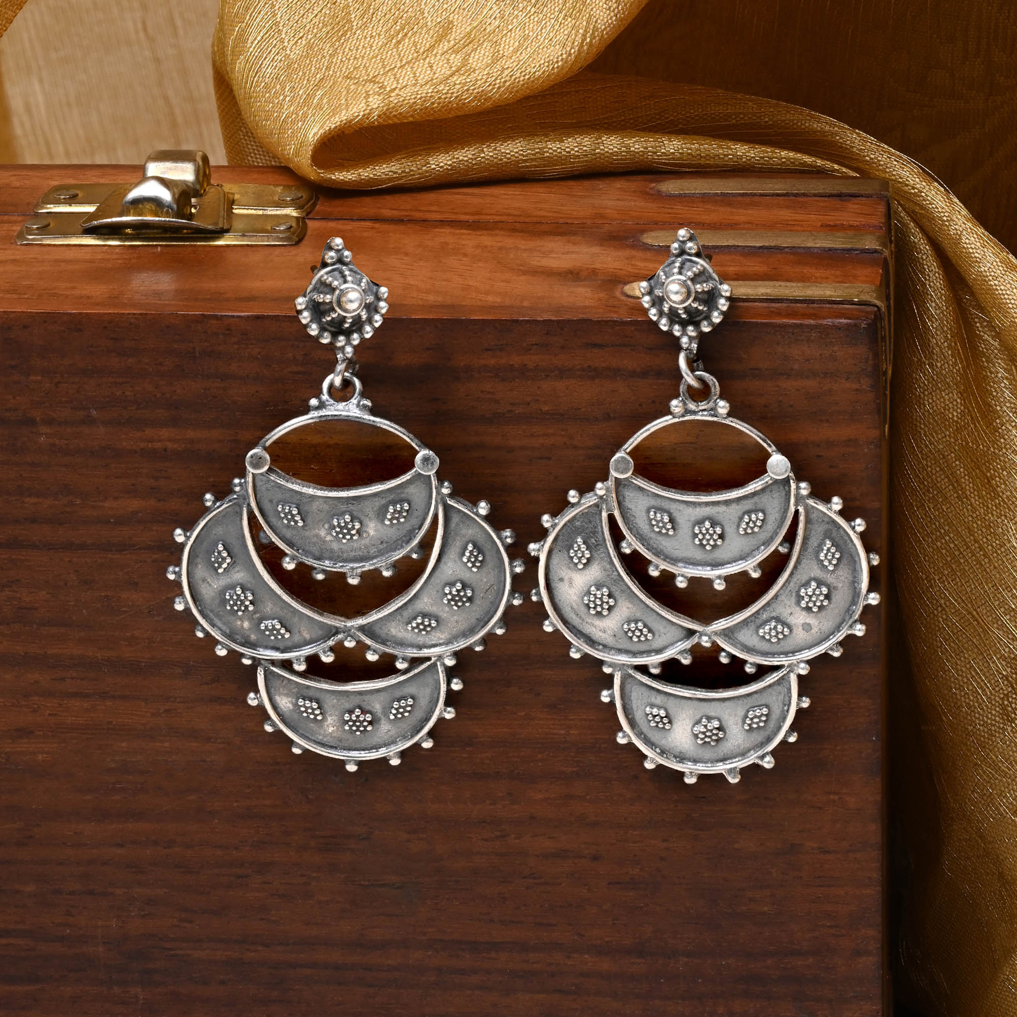Layered Crescent Silver Earrings