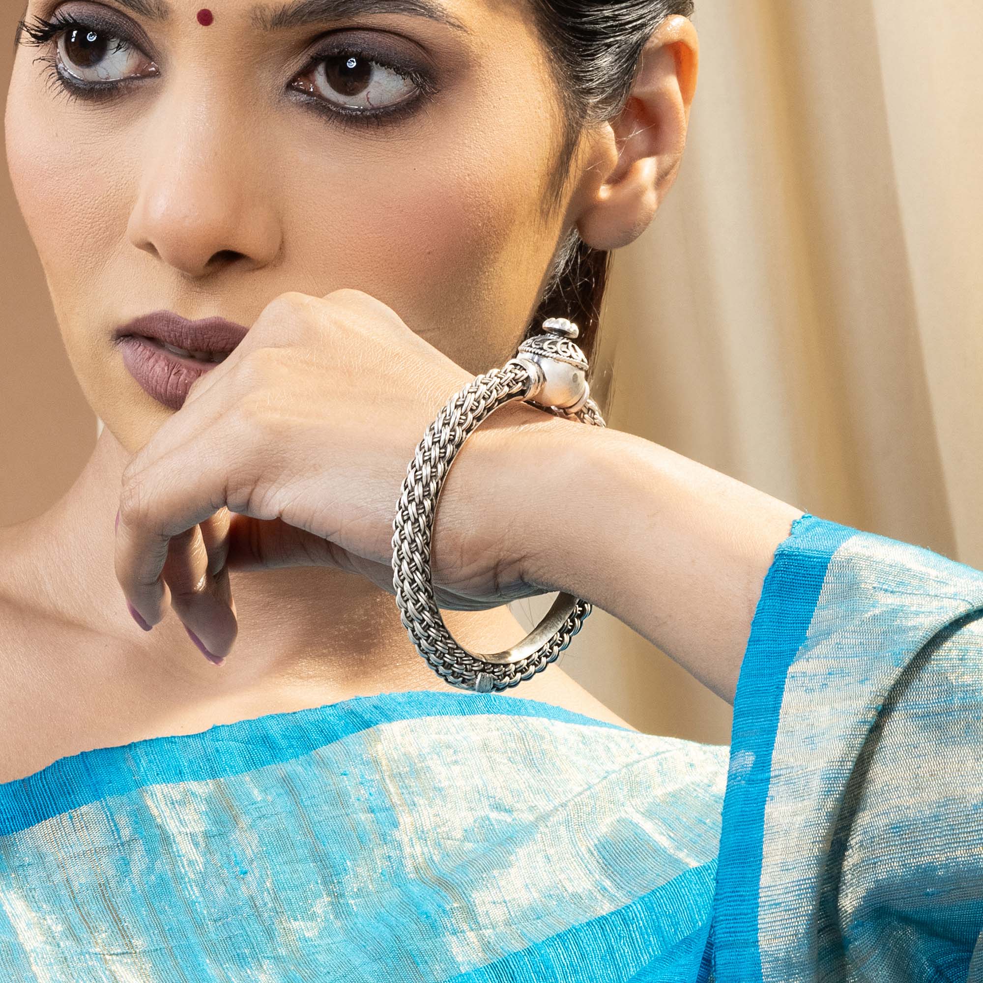 Ornamental Woven Silver Kada