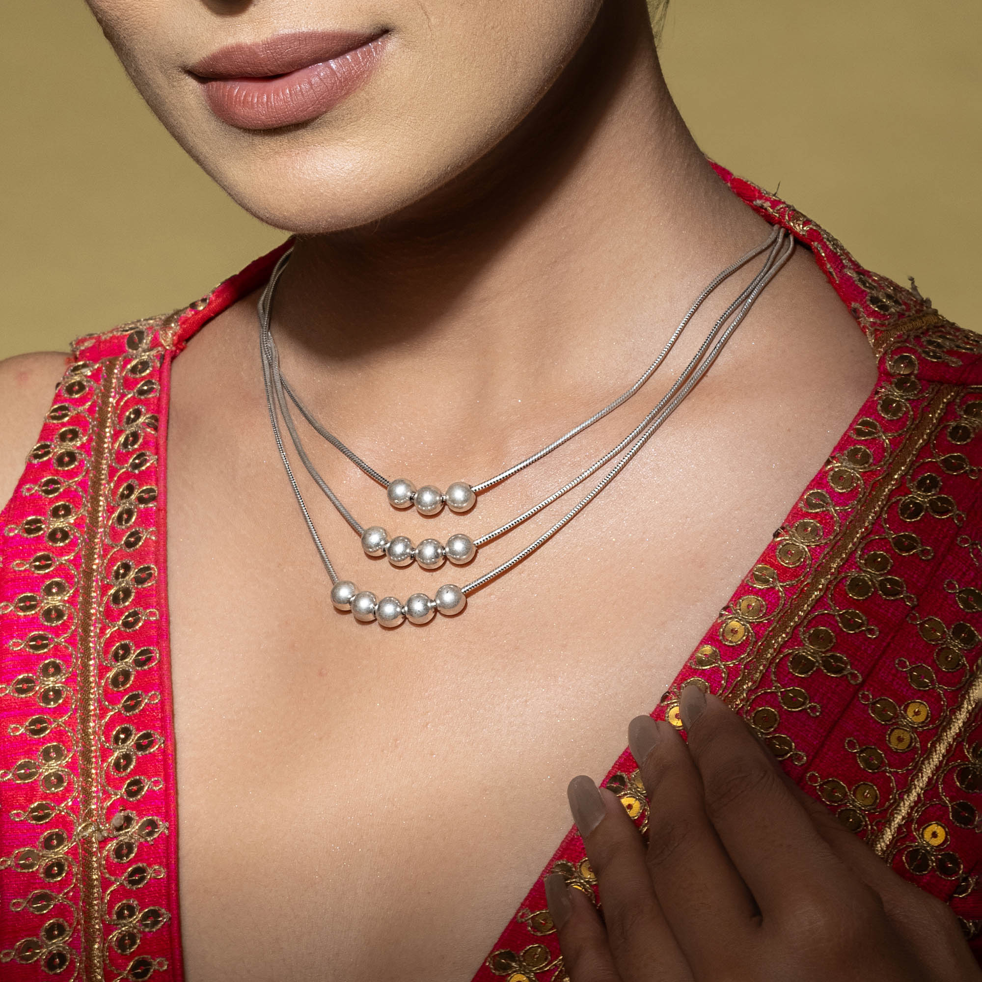 Beaded Accents Layered Silver Necklace