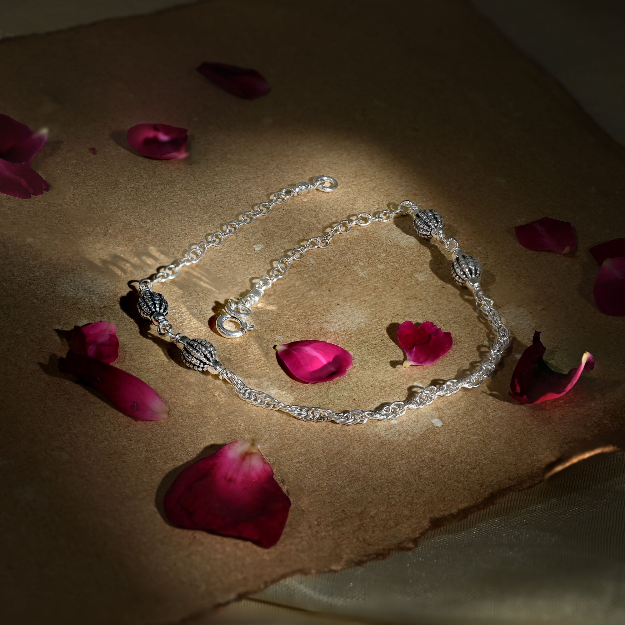 Ribbed Bead Chain Silver Anklet