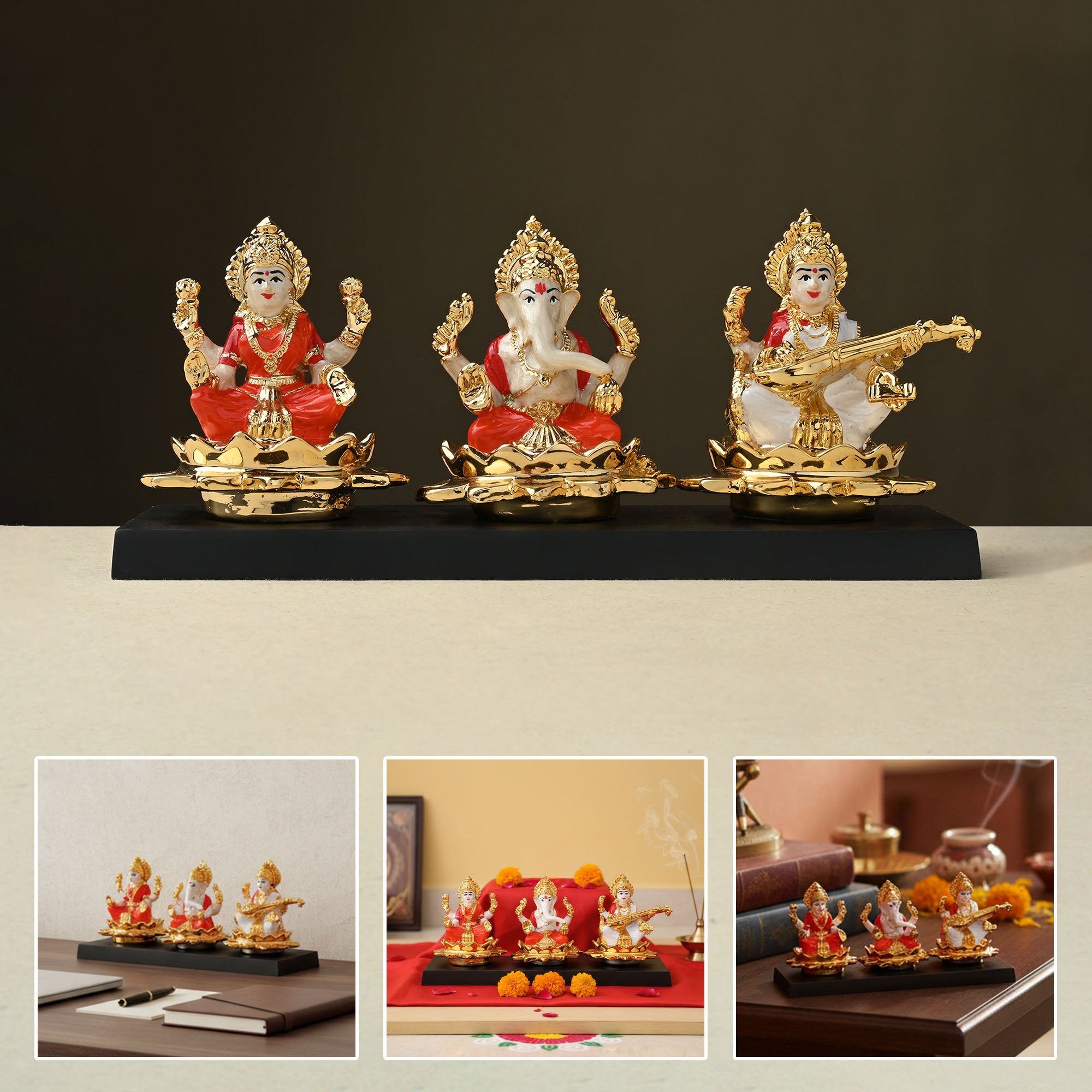 24K Gold Plated Lakshmi Ganesh Saraswati Idol Set