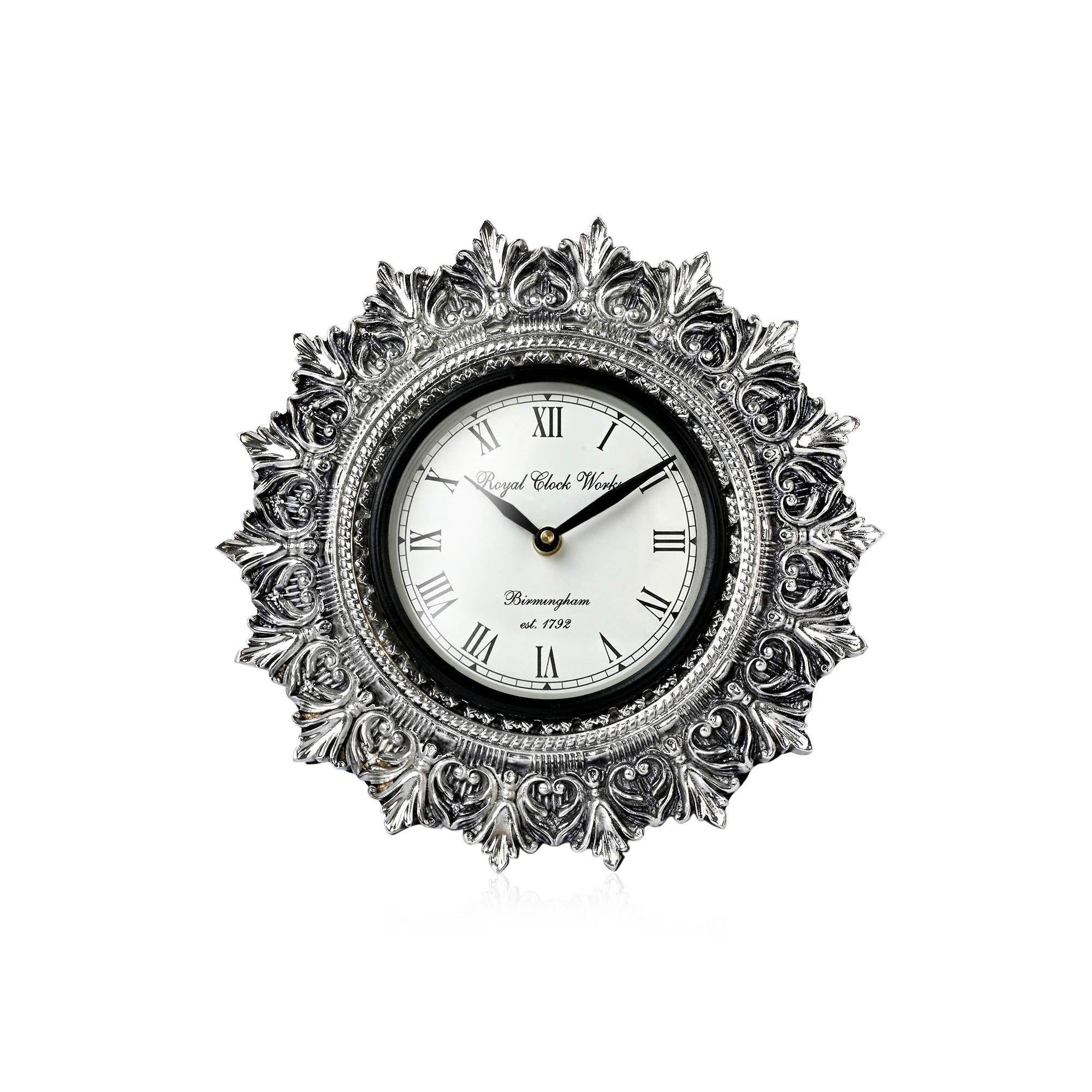 Ornate Sunburst 999 Silver Wall Clock