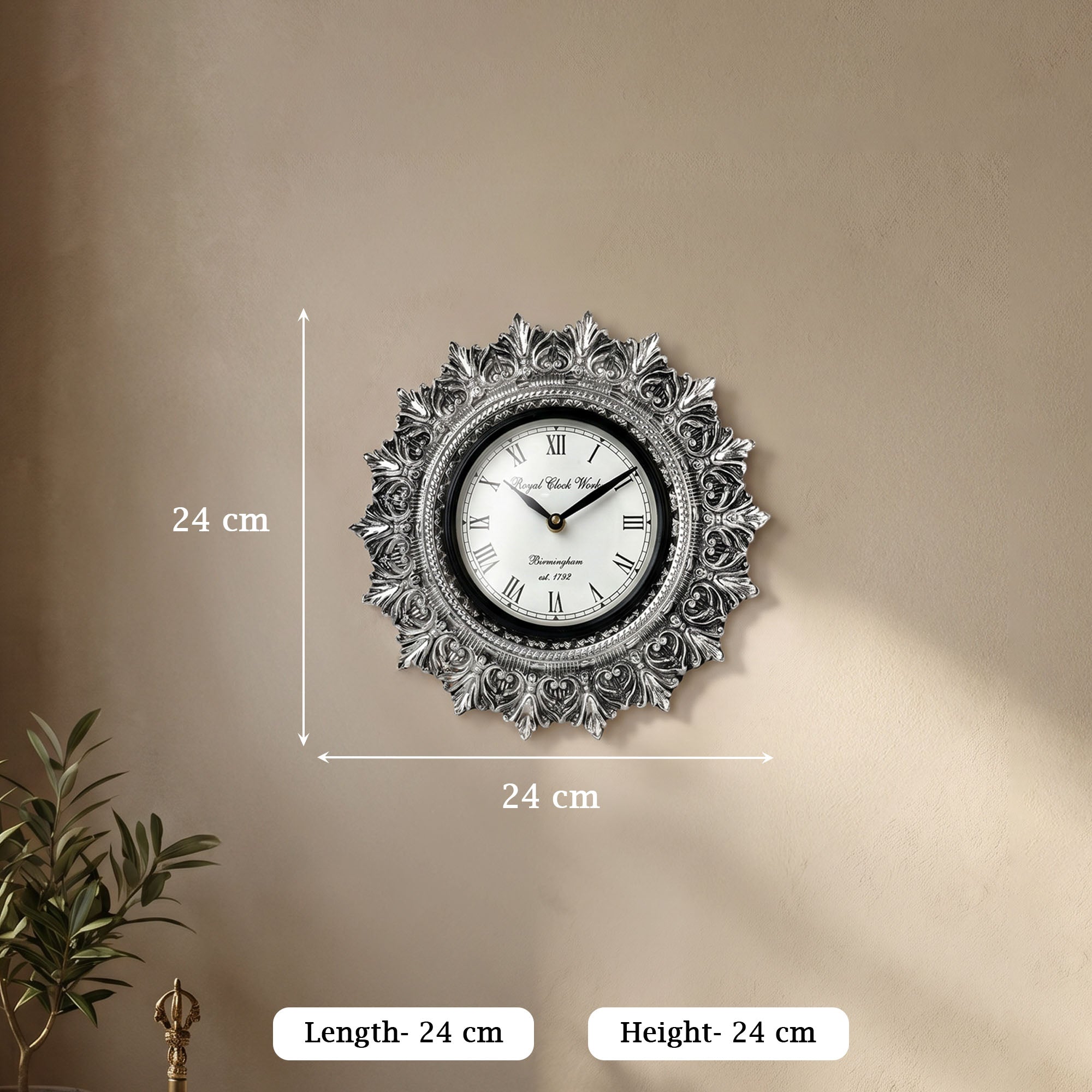 Ornate Sunburst 999 Silver Wall Clock