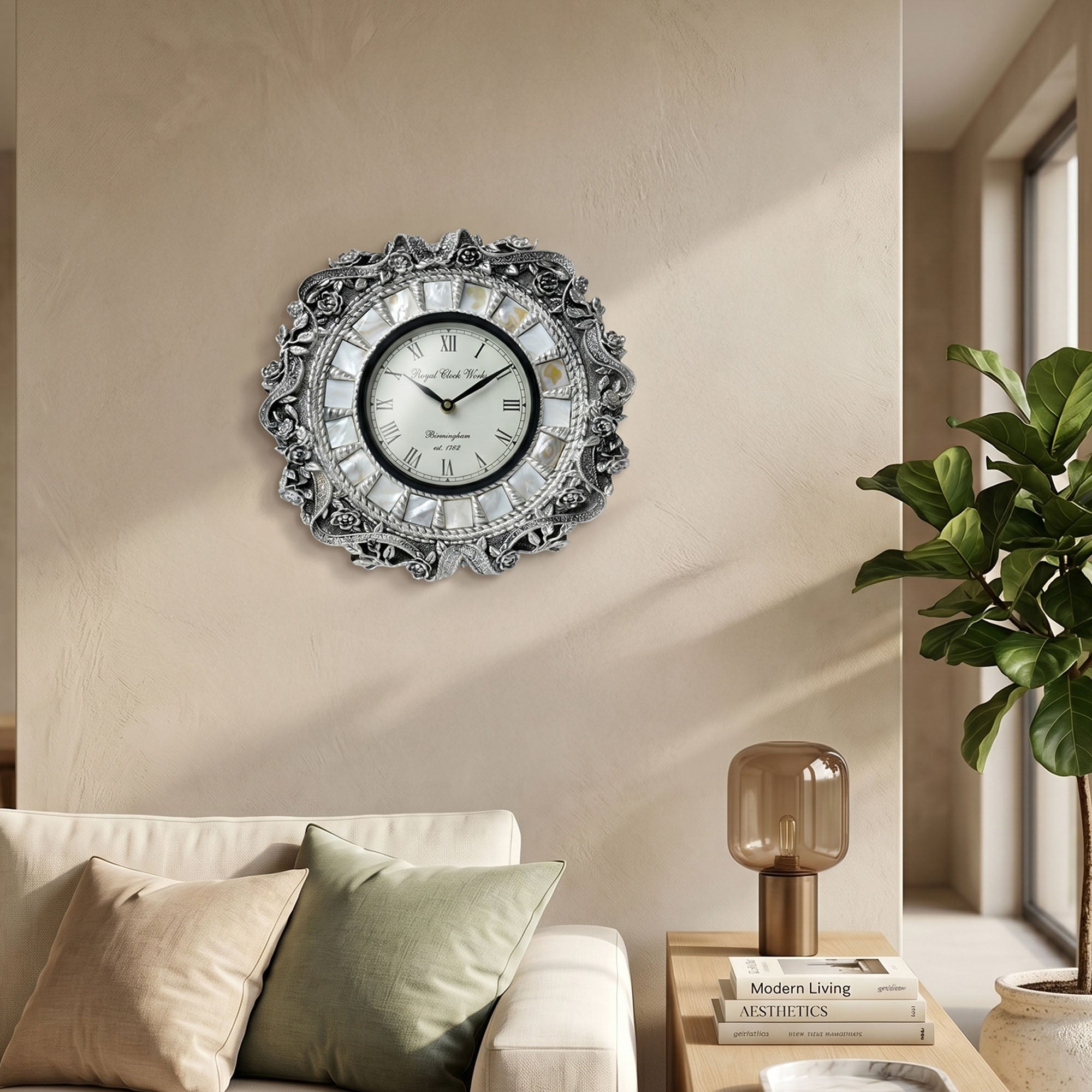 Mother of Pearl & Floral 999 Silver Wall Clock