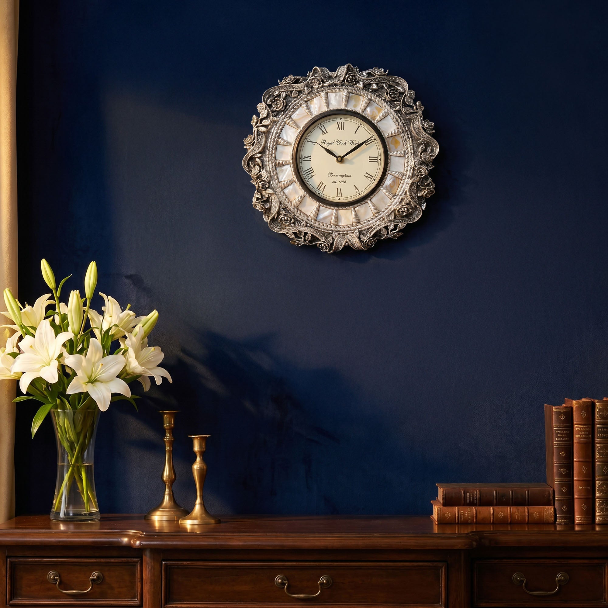 Mother of Pearl & Floral 999 Silver Wall Clock