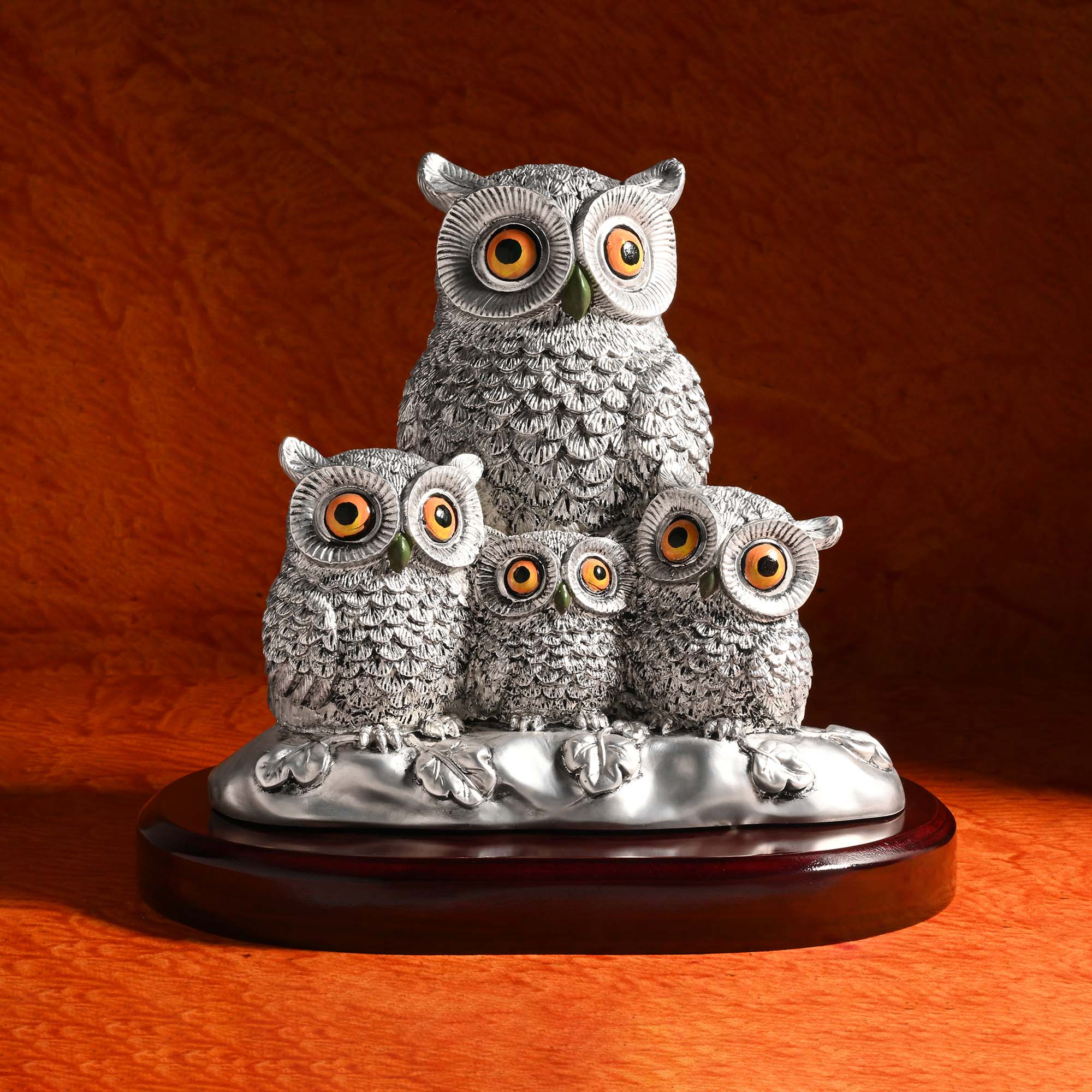 999 Silver Plated Owl Family Showpiece