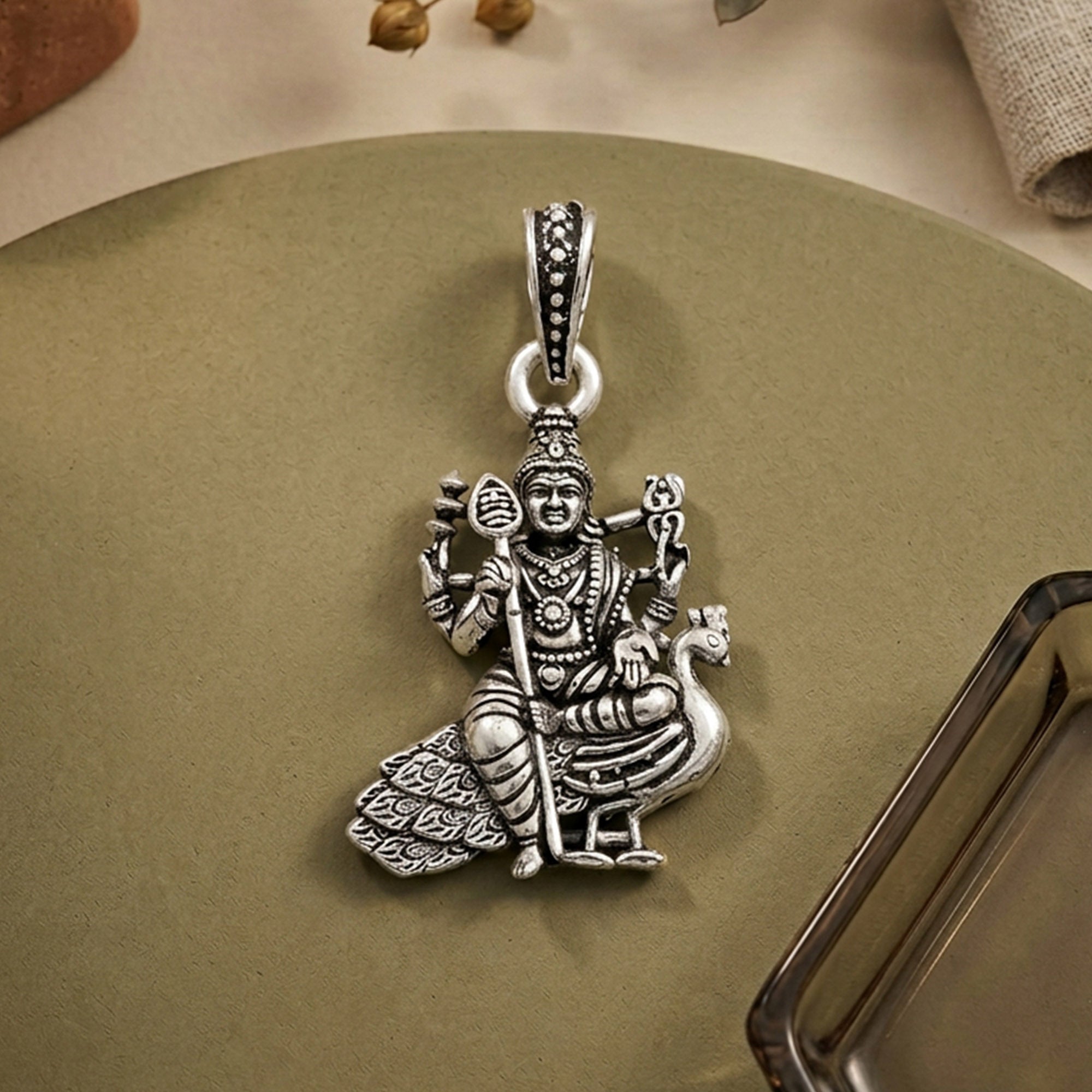 Lord Kartikeya Peacock Silver Pendant