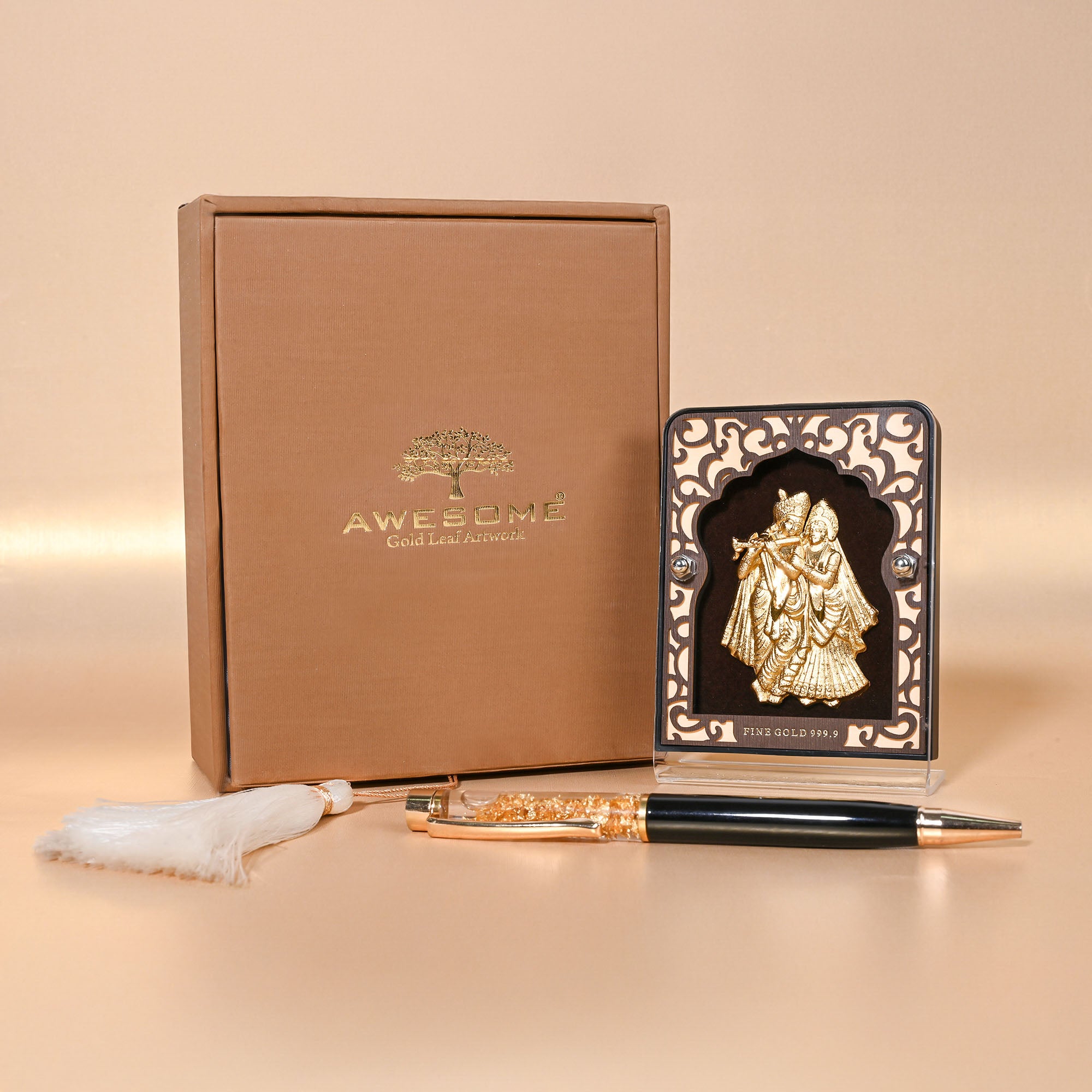 Gold Foil Radha Krishna Frame With Decorative Pen Gift Box