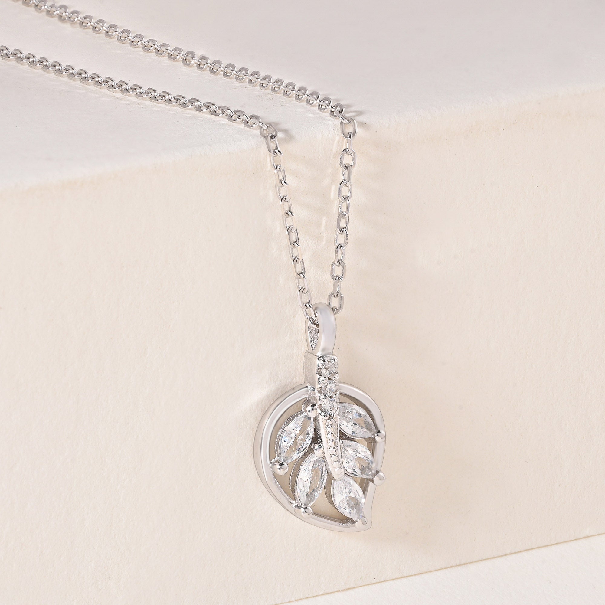 Leaf Motif CZ Pendant Necklace