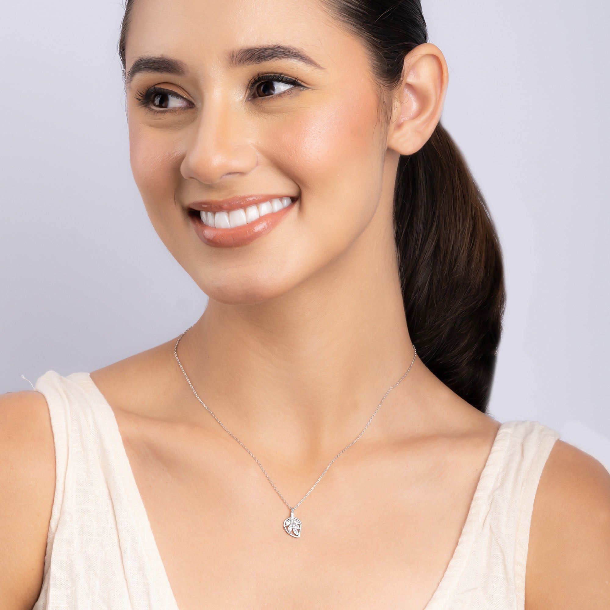 Leaf Motif CZ Pendant Necklace