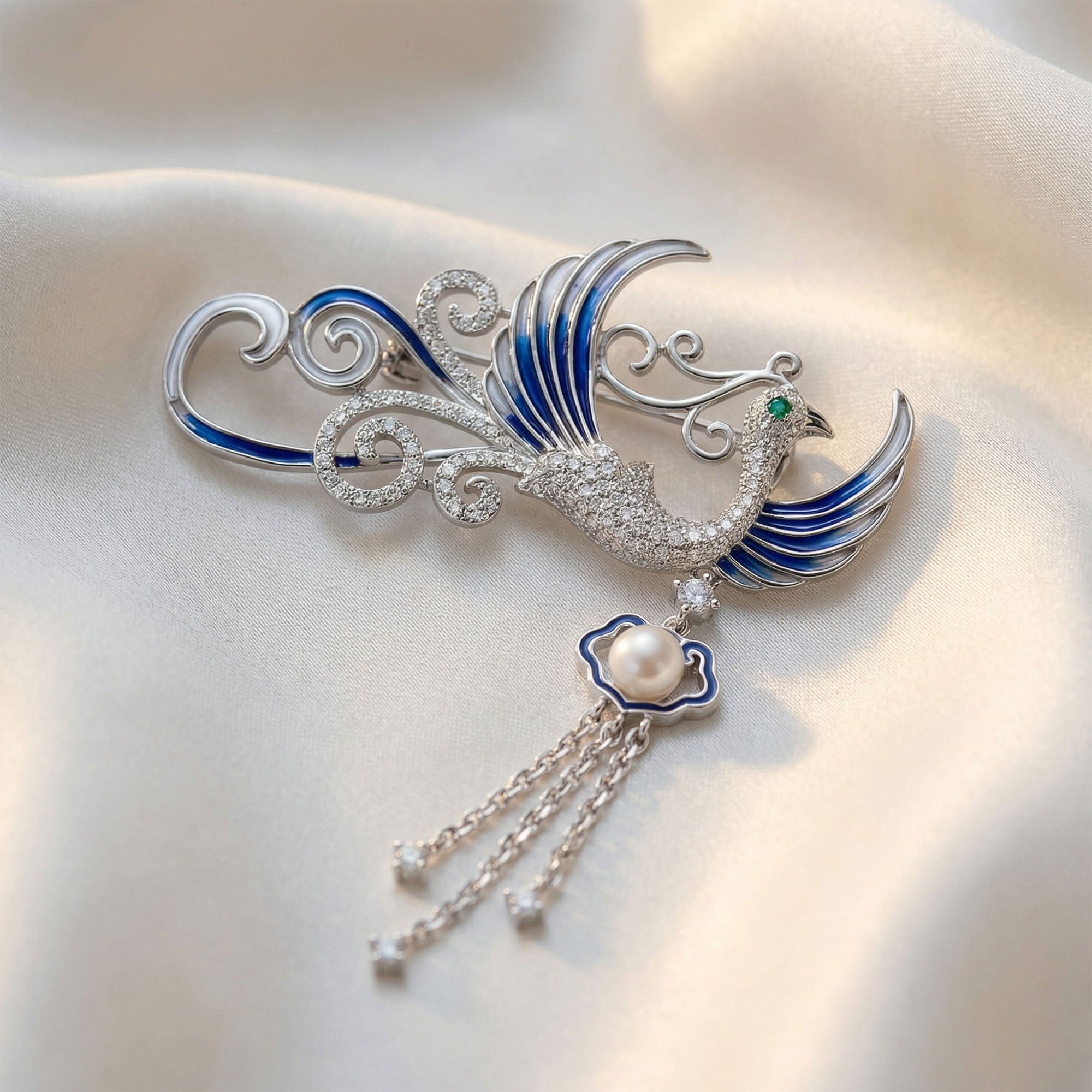 Blue Bird Pearl Brooch