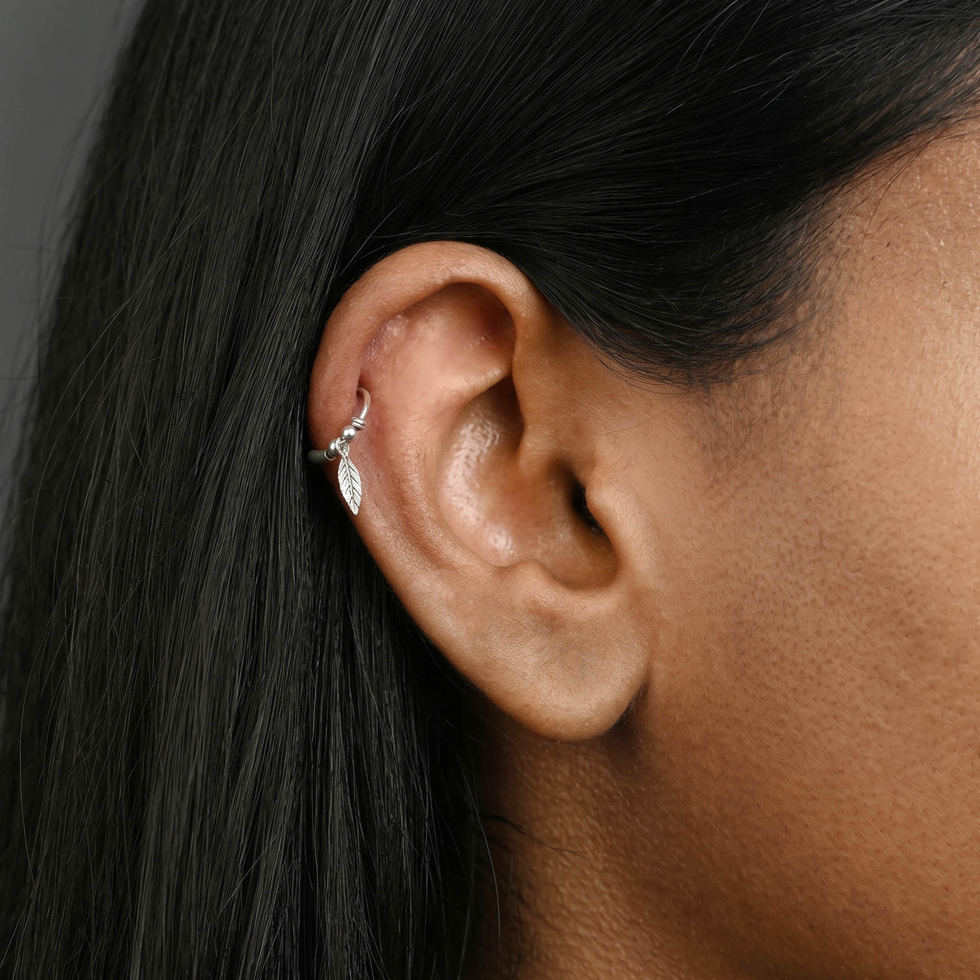 Silver Leaf Charm Helix Hoop Earring