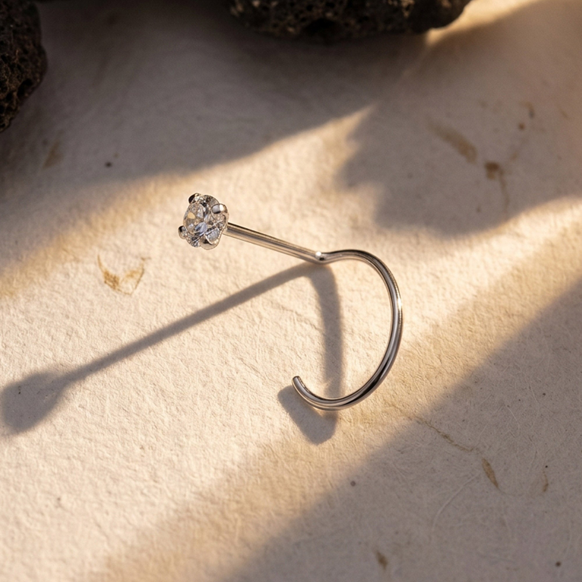 Solitaire Open Hoop Silver Nose Ring