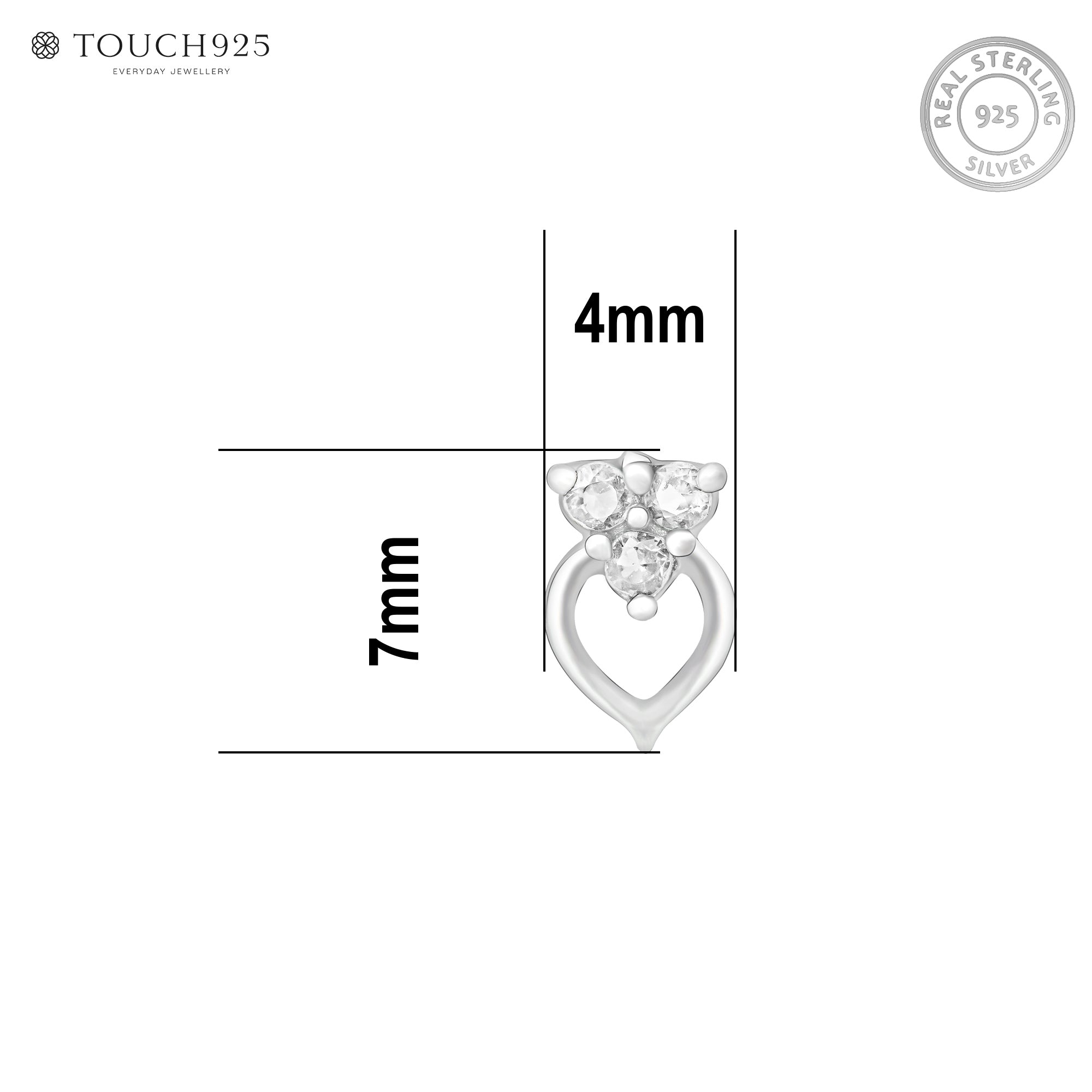Trio Spark Heart-Drop Silver Nose Pin