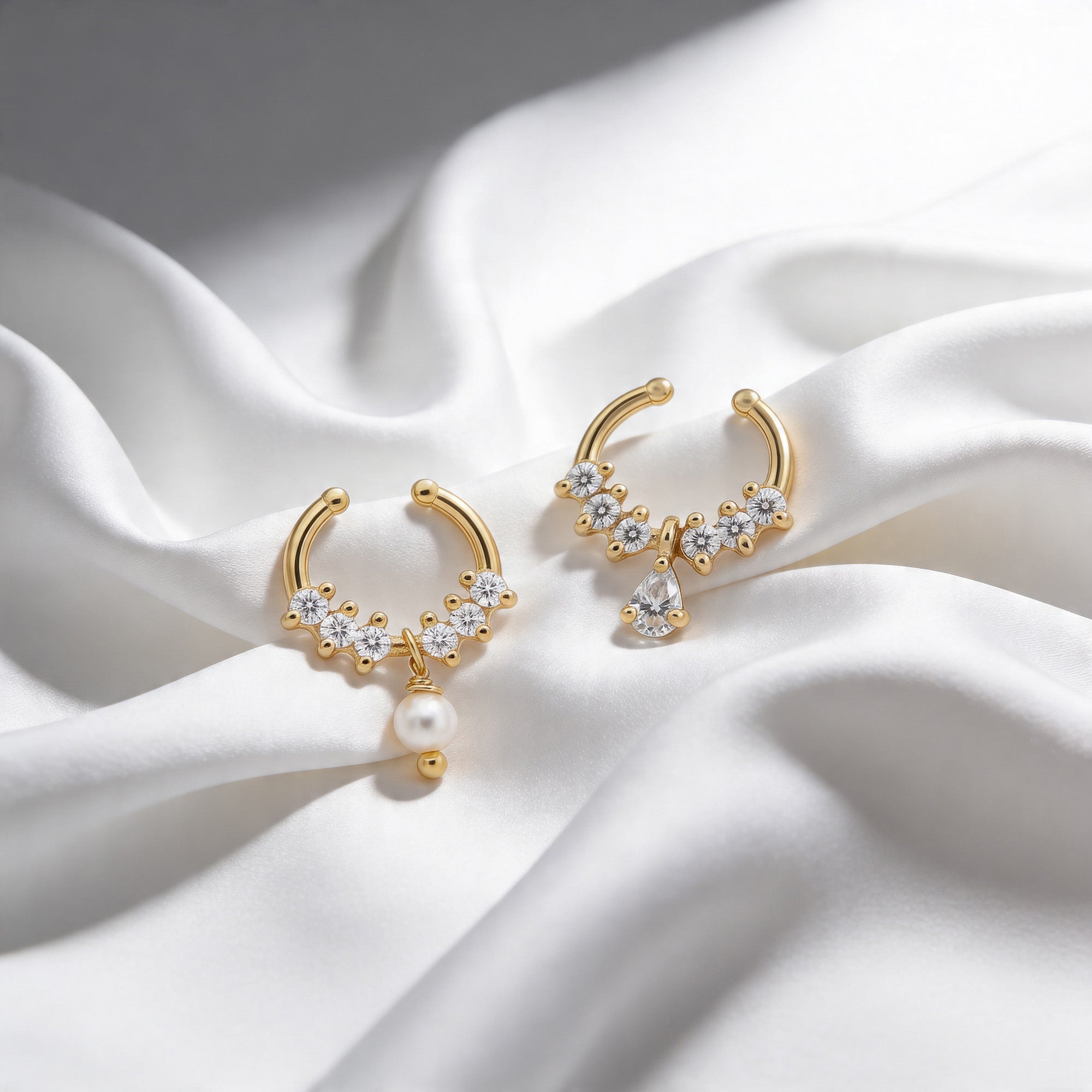Set of 2 Pearl & Teardrop Septum Nose Ring