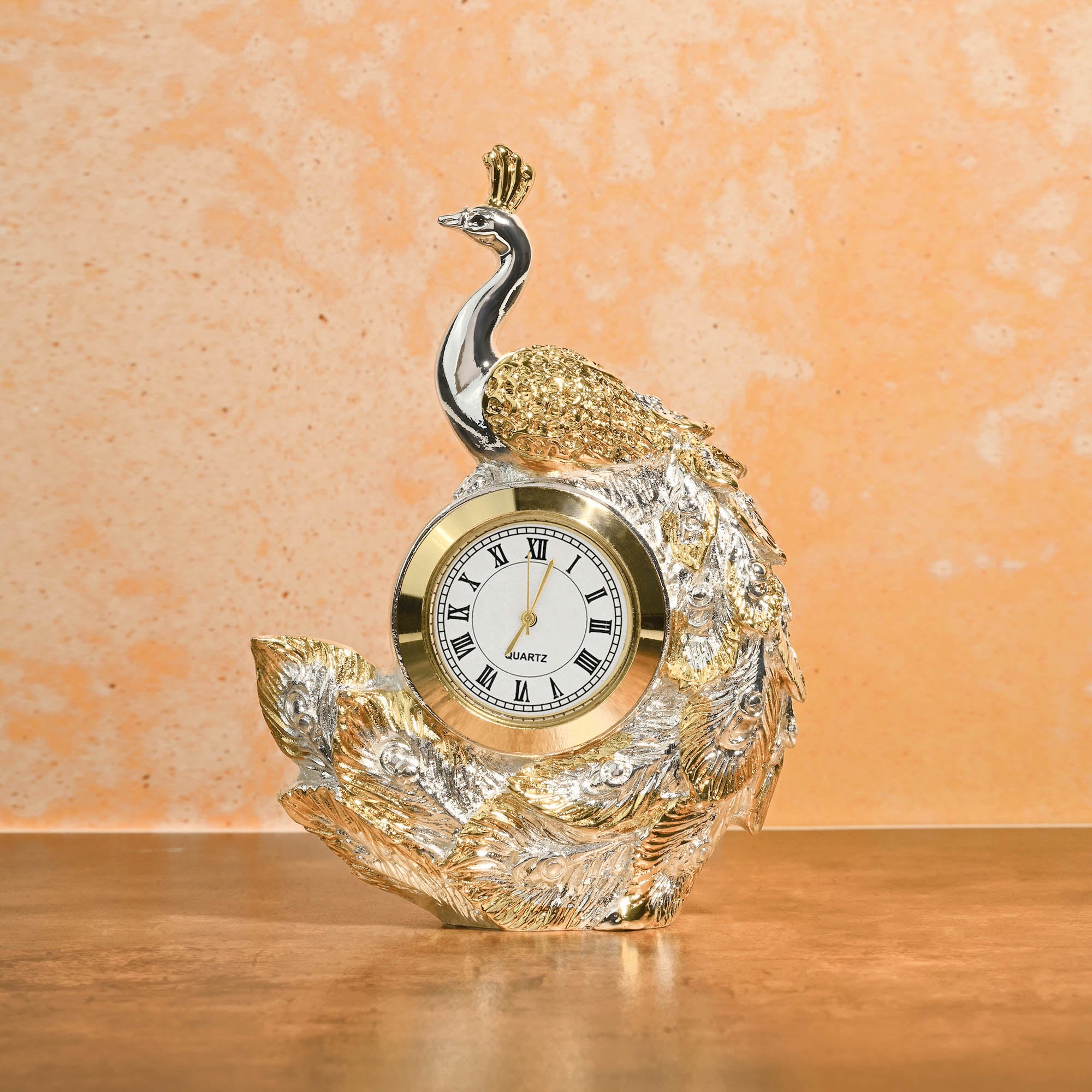999 Silver Plated Peacock Table Clock