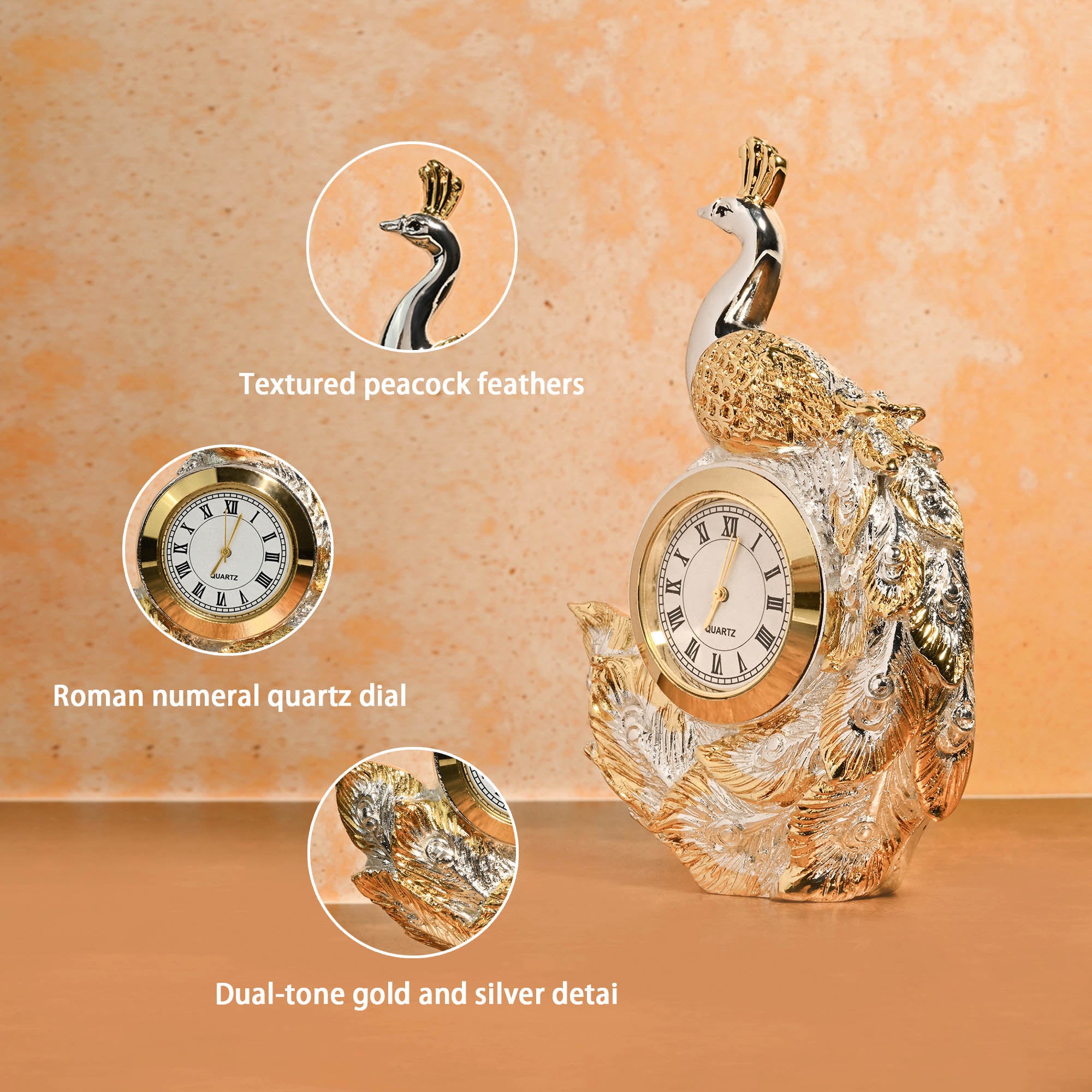 999 Silver Plated Peacock Table Clock