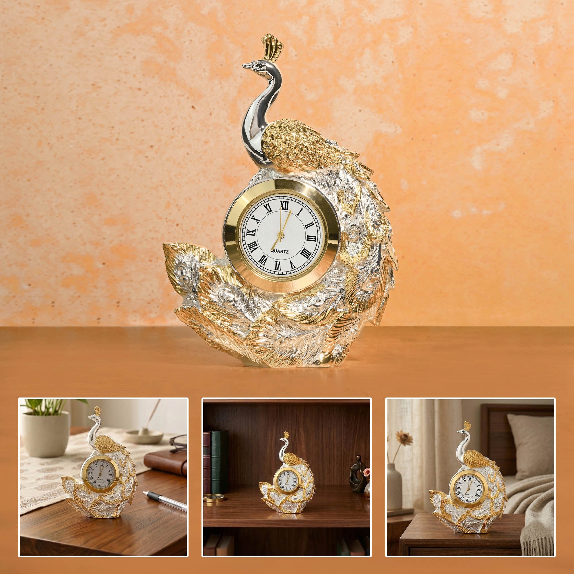 999 Silver Plated Peacock Table Clock