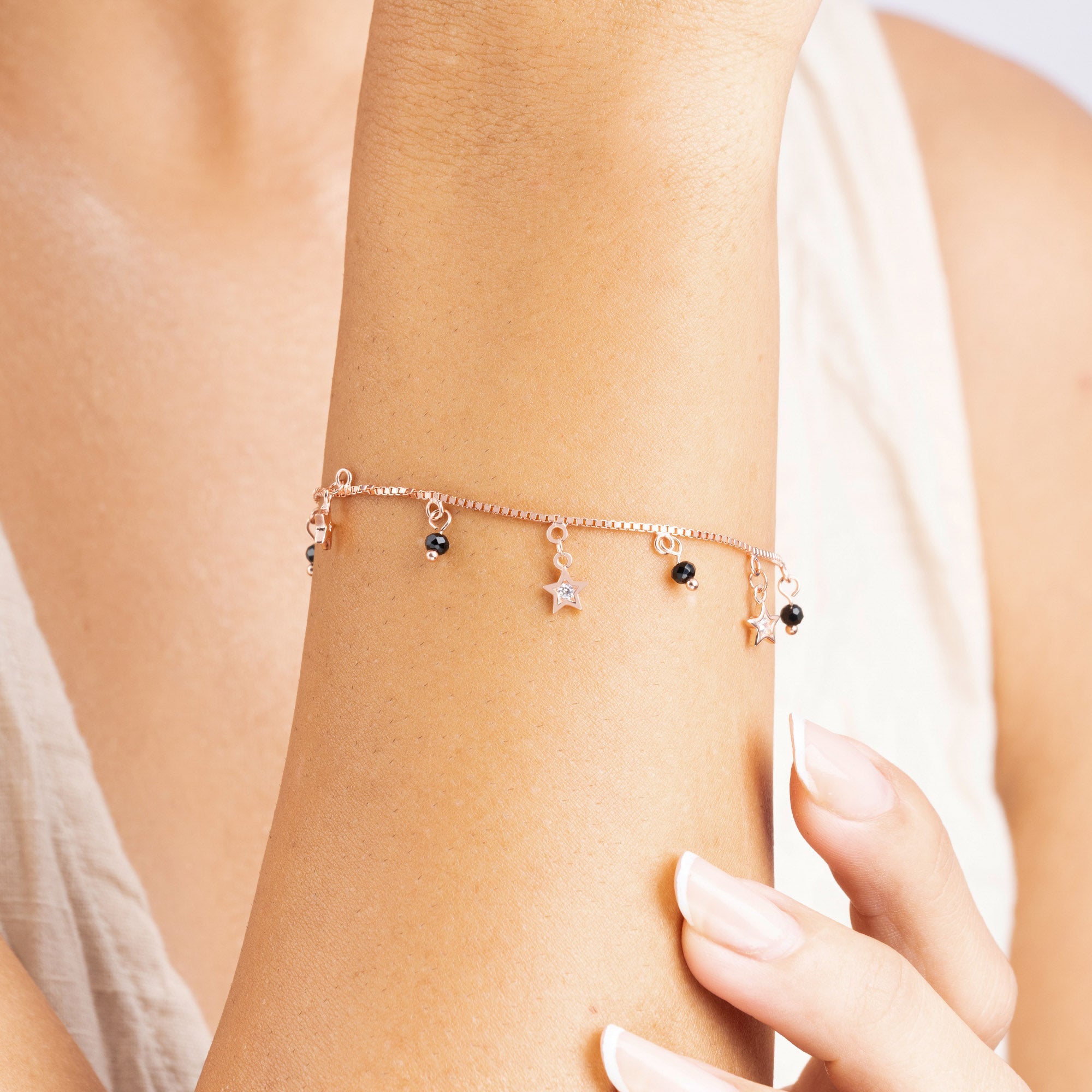 Star Charm Bracelet with Black Beads