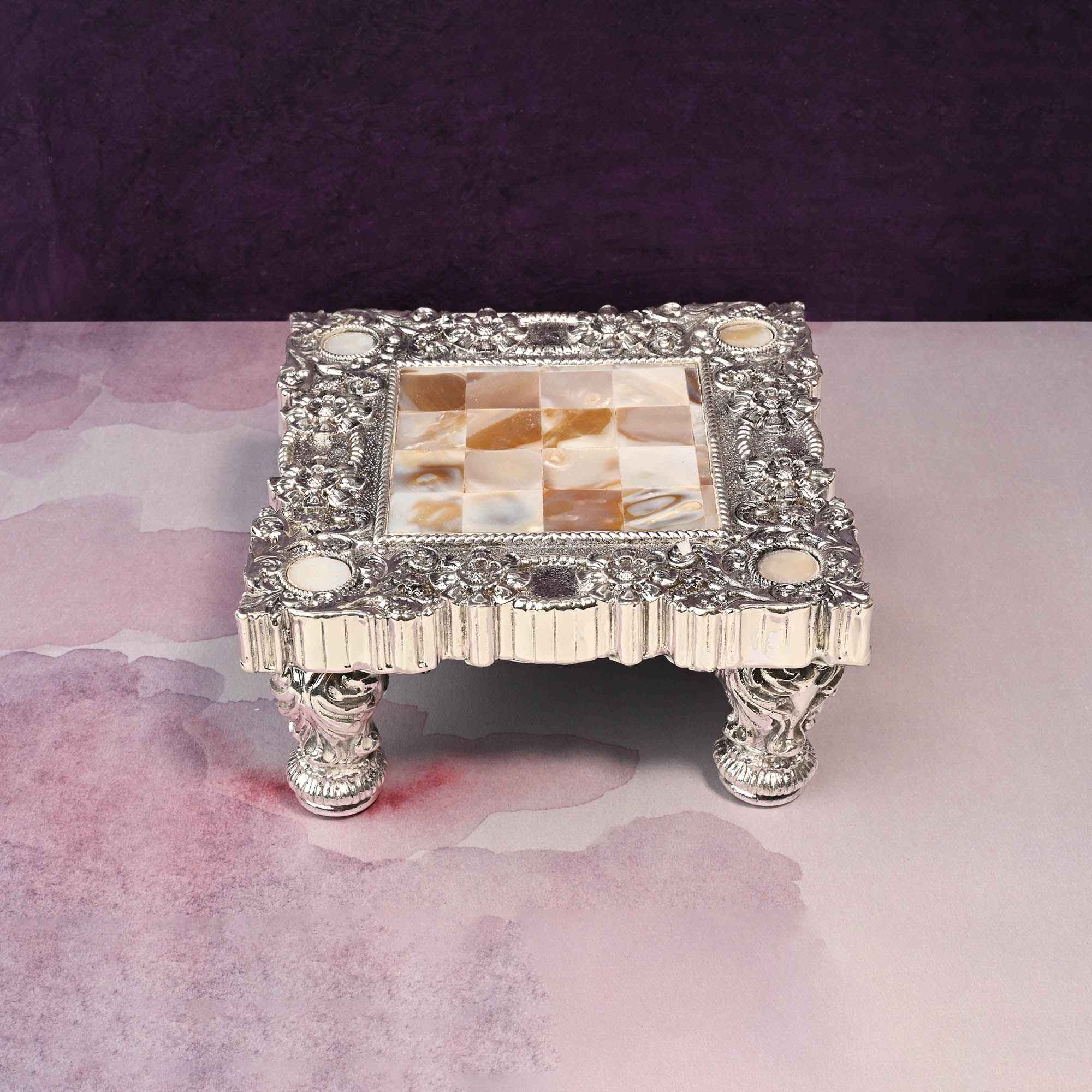 999 Silver Plated Mother of Pearl Chowki