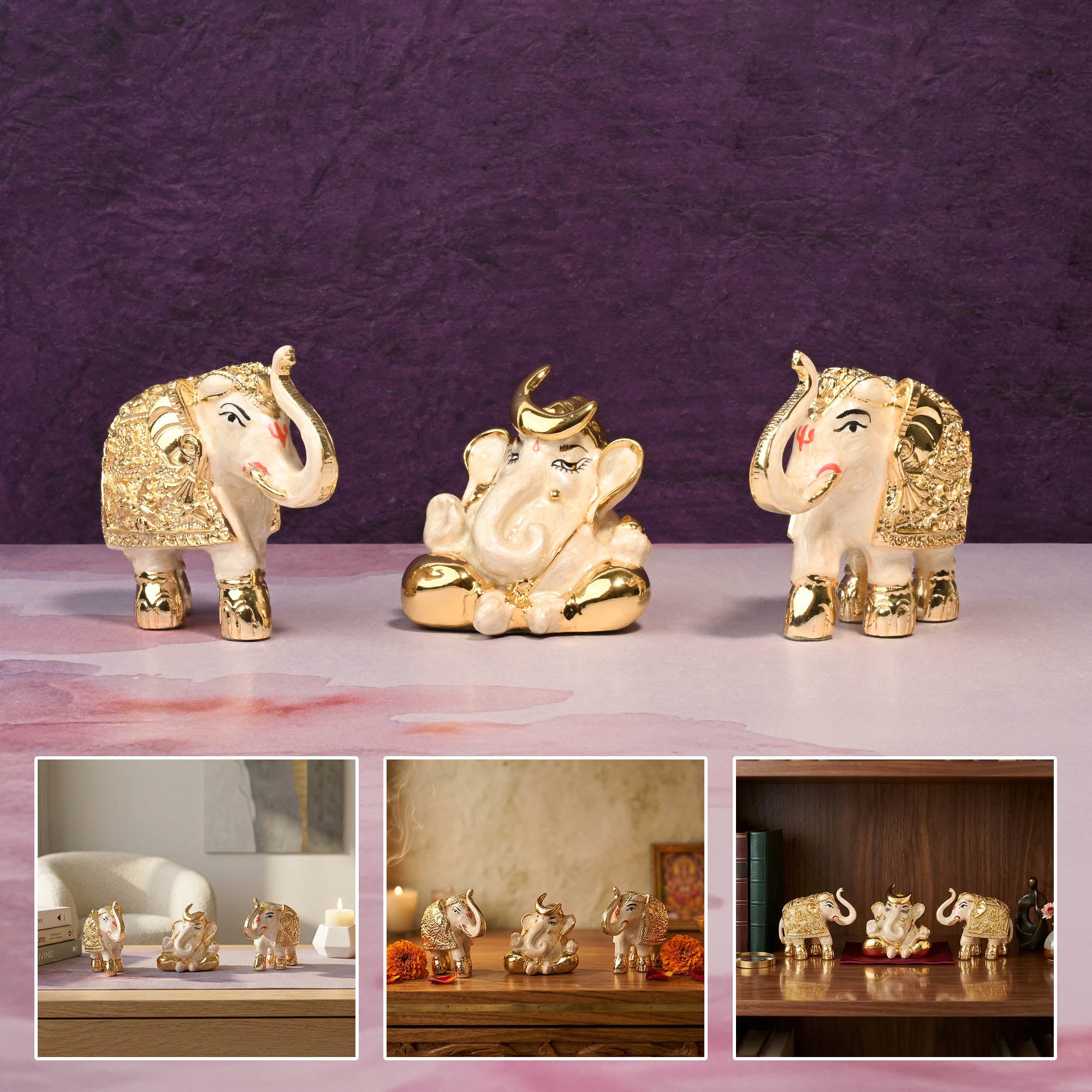 24K Gold Plated Ganesha & Elephant Set