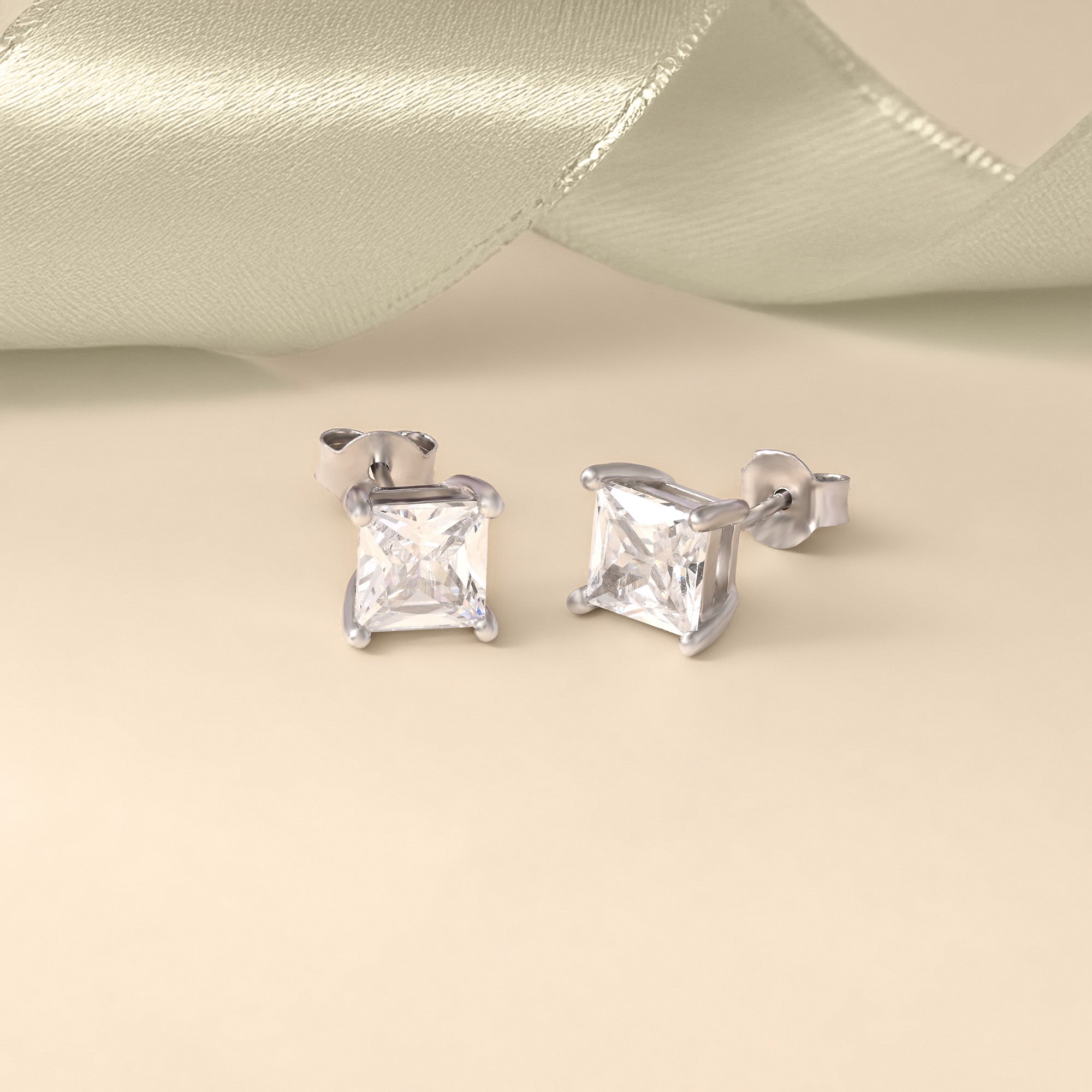 Square Single Stone Silver Studs