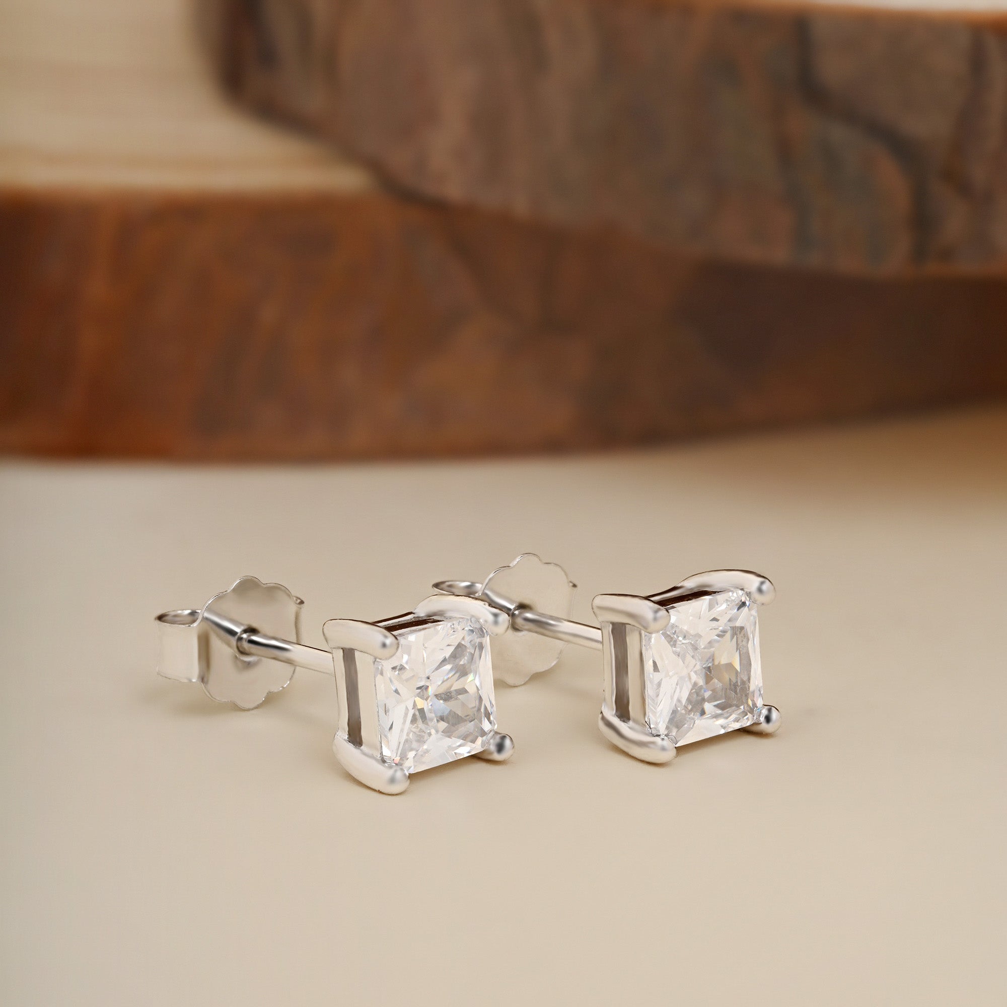 Square Single Stone Silver Studs