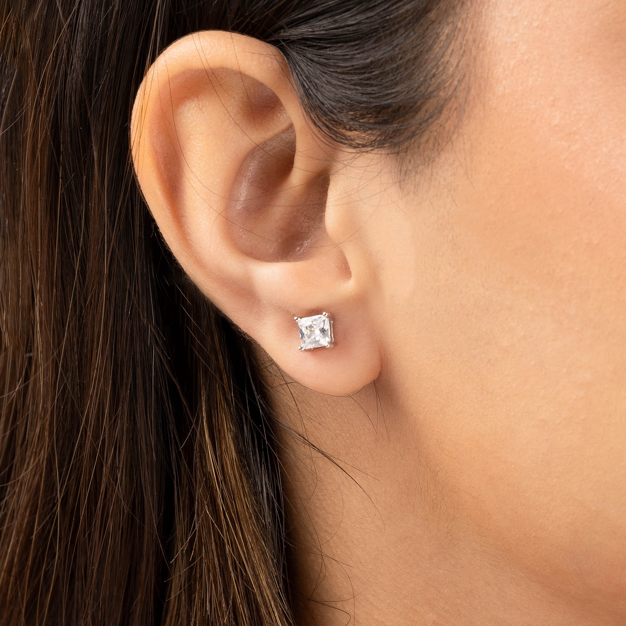 Square Single Stone Silver Studs