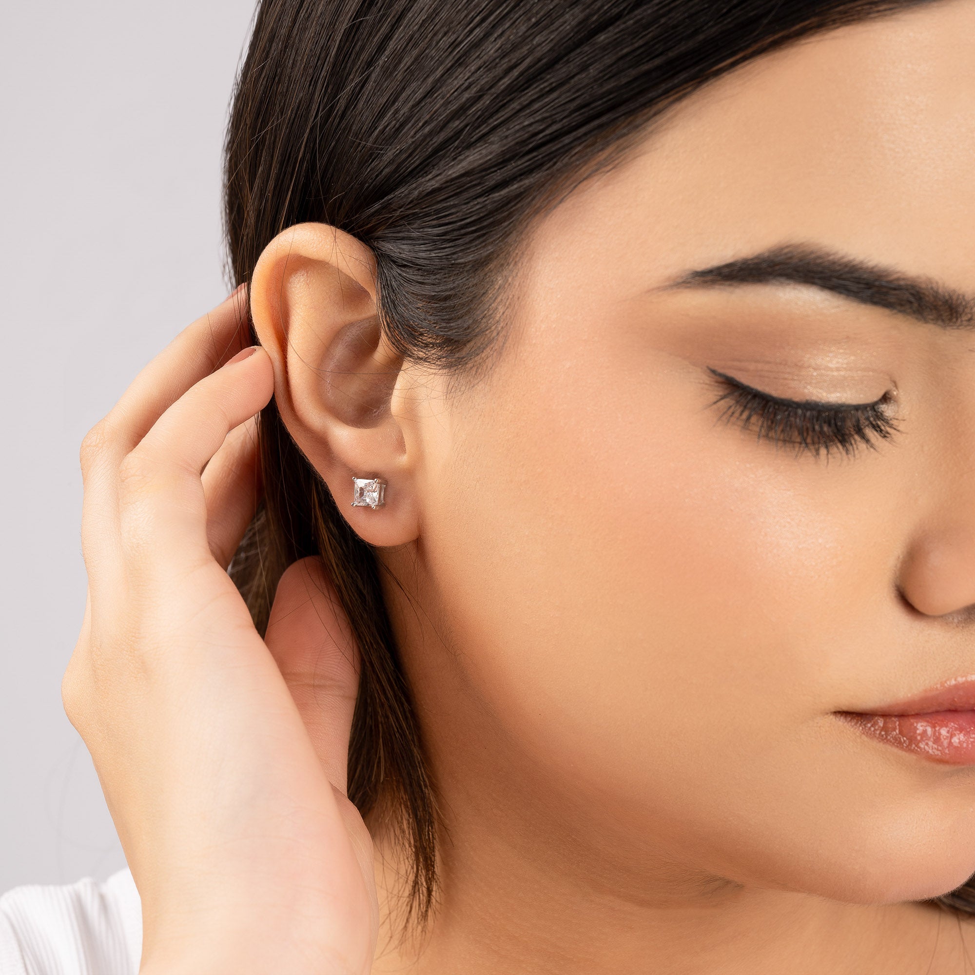 Square Single Stone Silver Studs