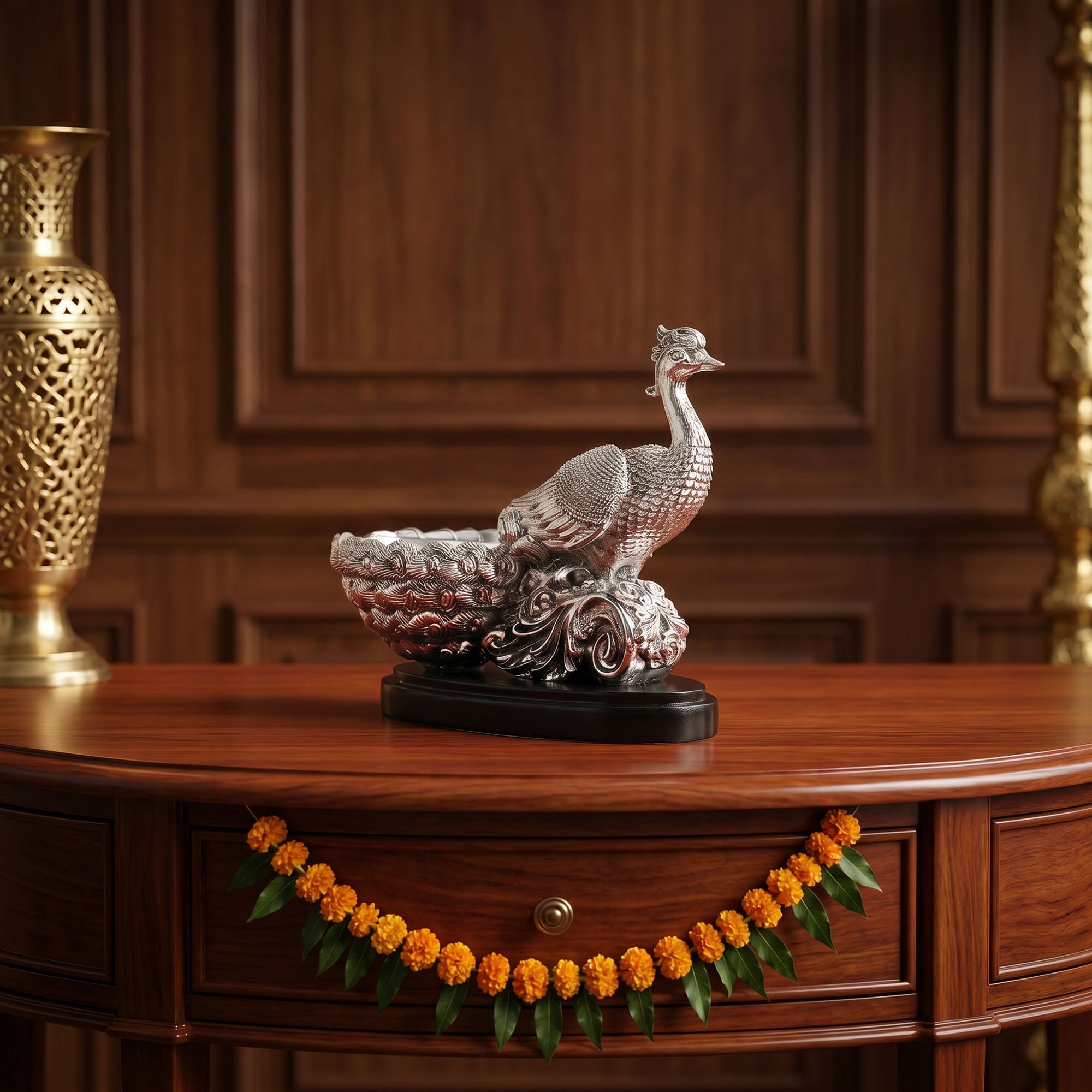 999 Silver Plated Peacock Bowl Figure
