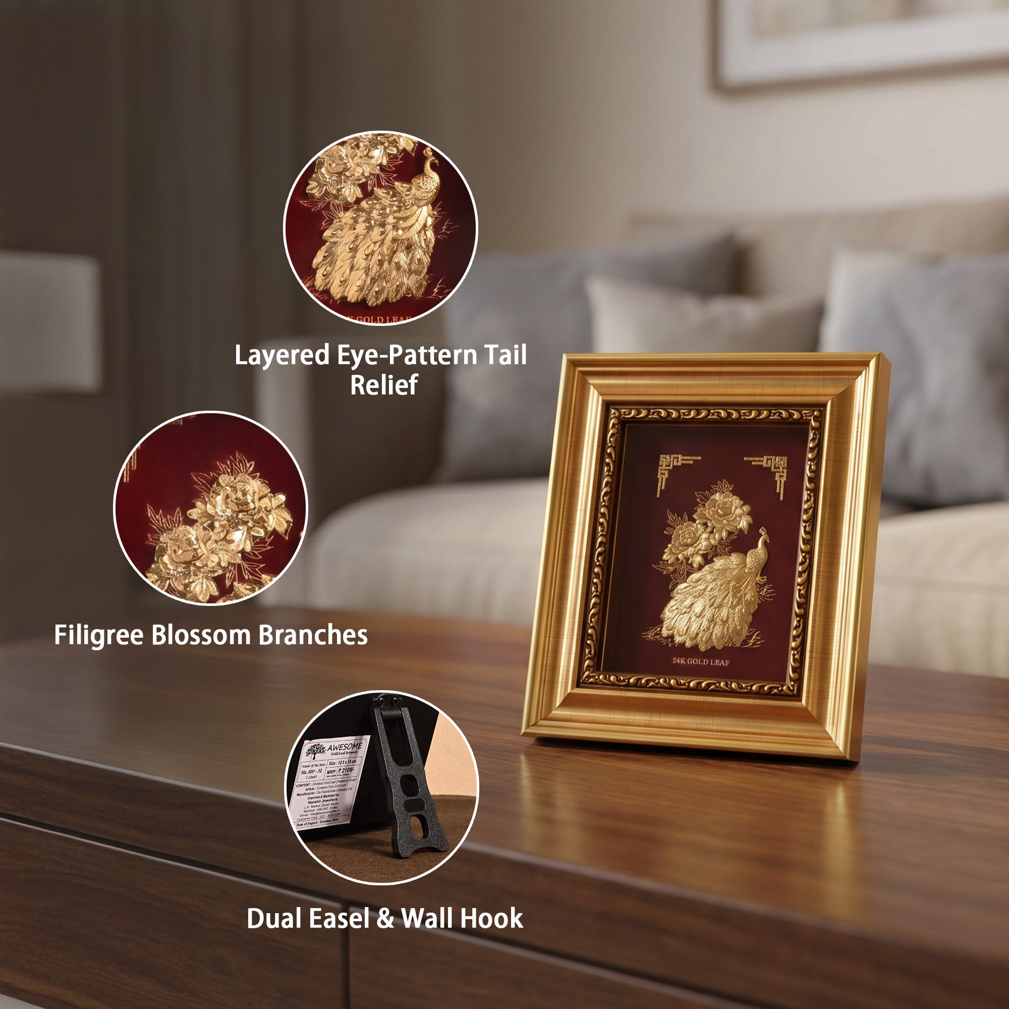24K Gold Foiled Peacock Table Frame