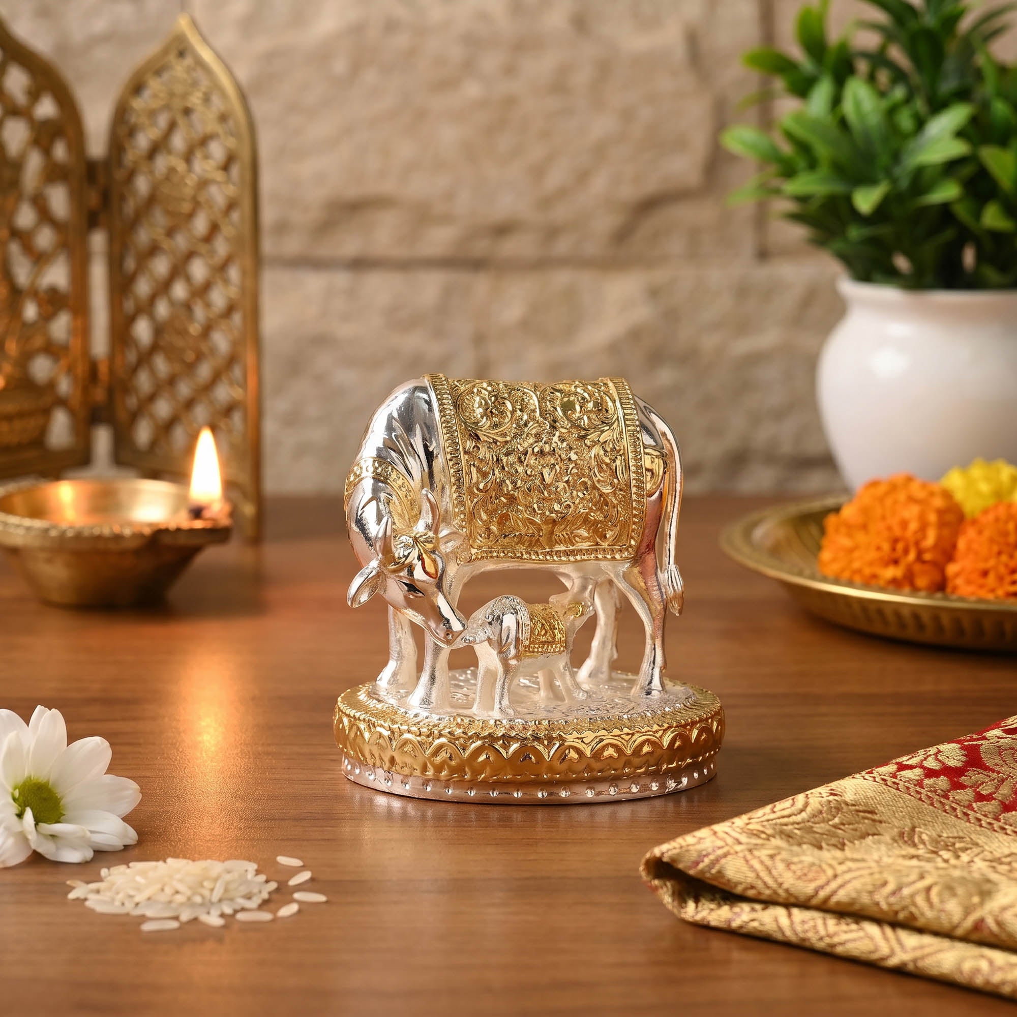 999 Silver Plated Kamdhenu Cow Figurine