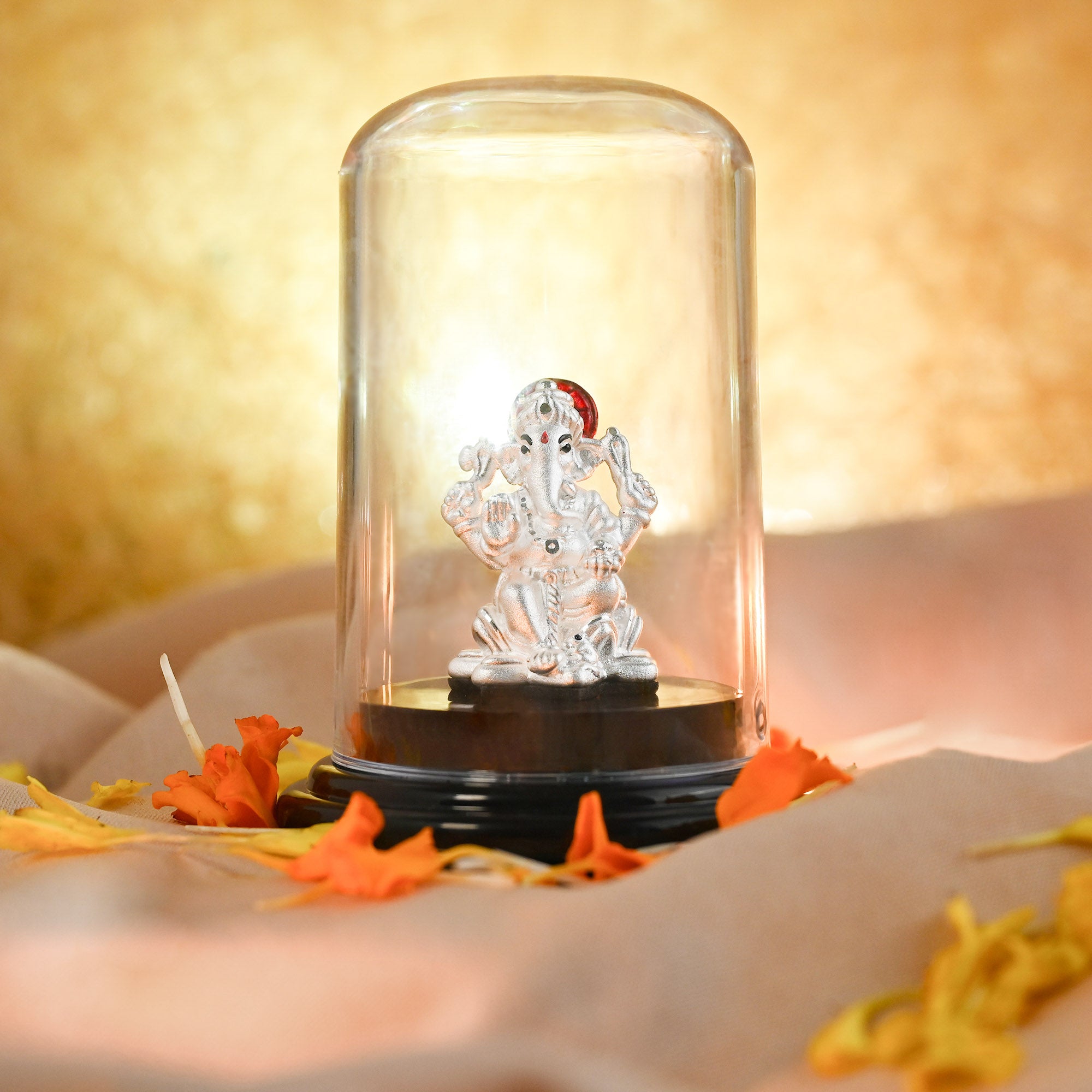 999 Silver Glass Dome Ganesha Idol