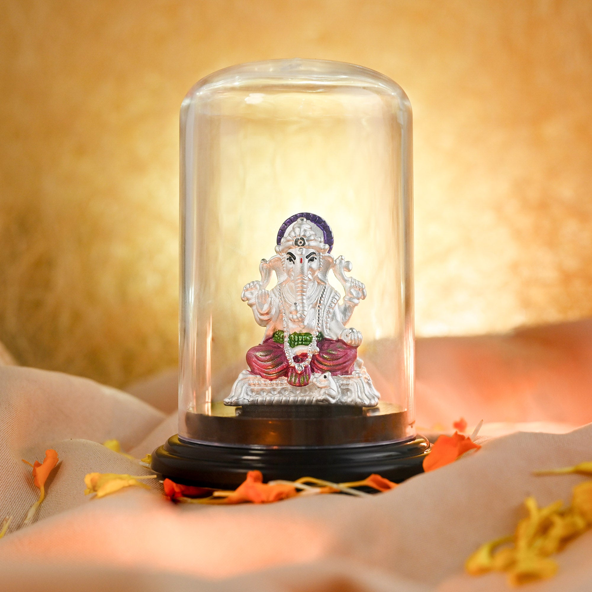 999 Silver multicolour Glass Dome Ganesha Idol
