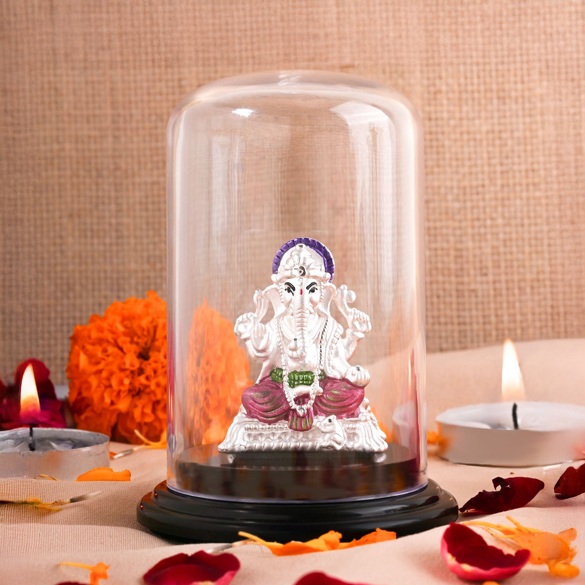 999 Silver multicolour Glass Dome Ganesha Idol
