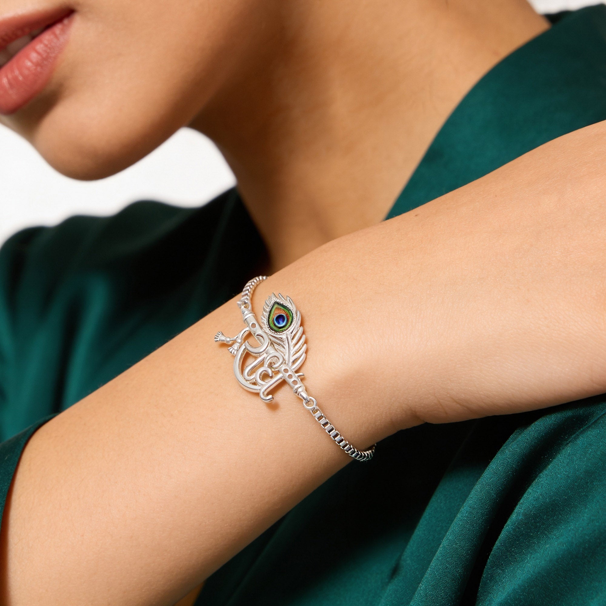 Radhe Flute Morpankh Silver Bracelet