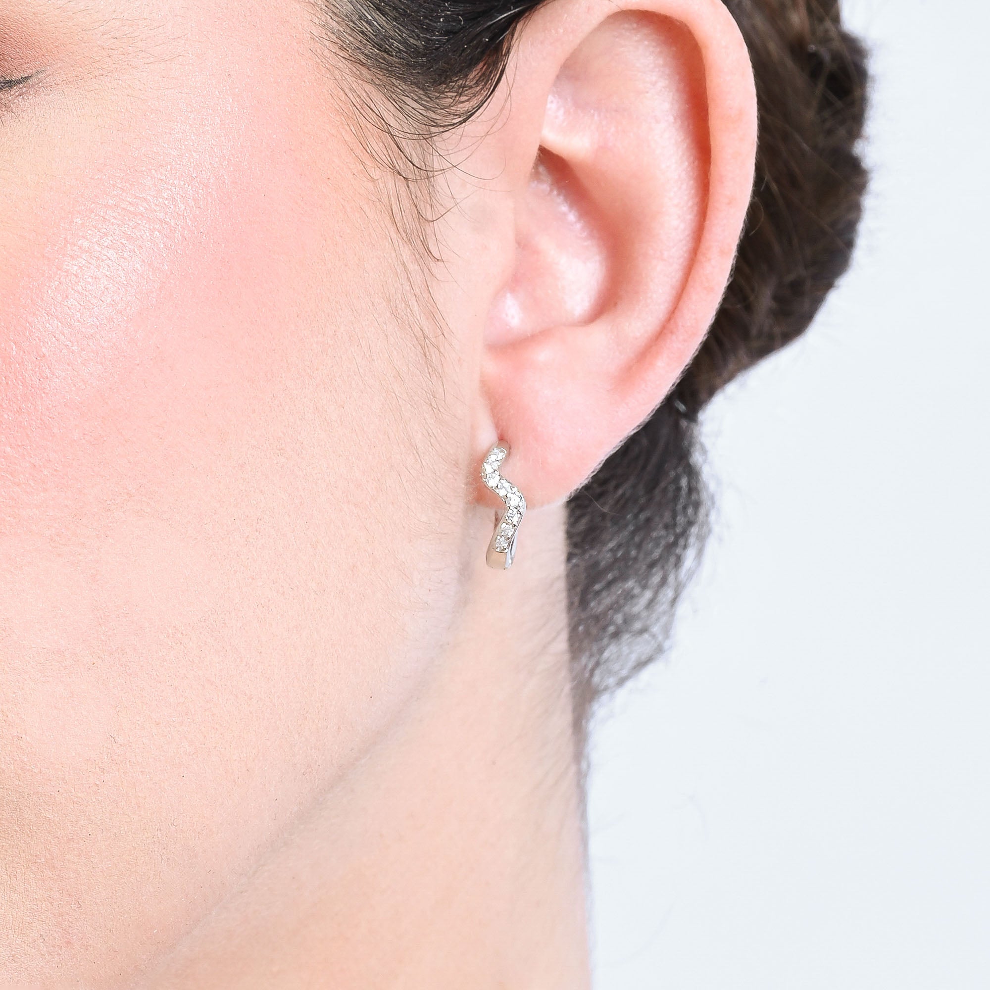 Curved CZ Silver Hoop Earrings