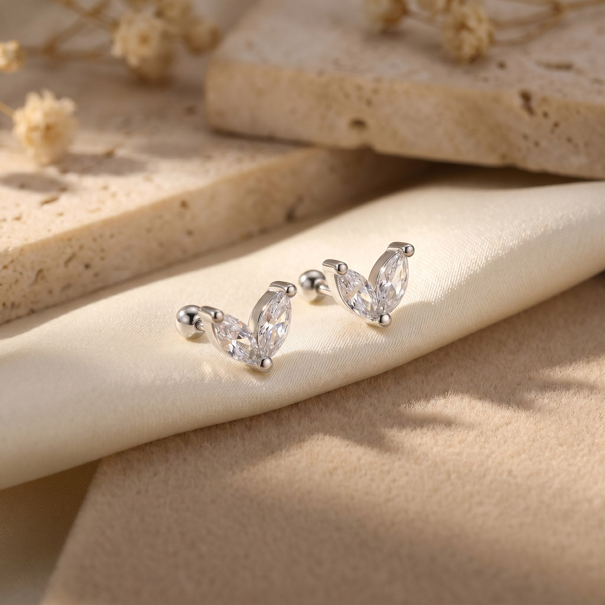 Marquise Leaf Silver Stud Earrings
