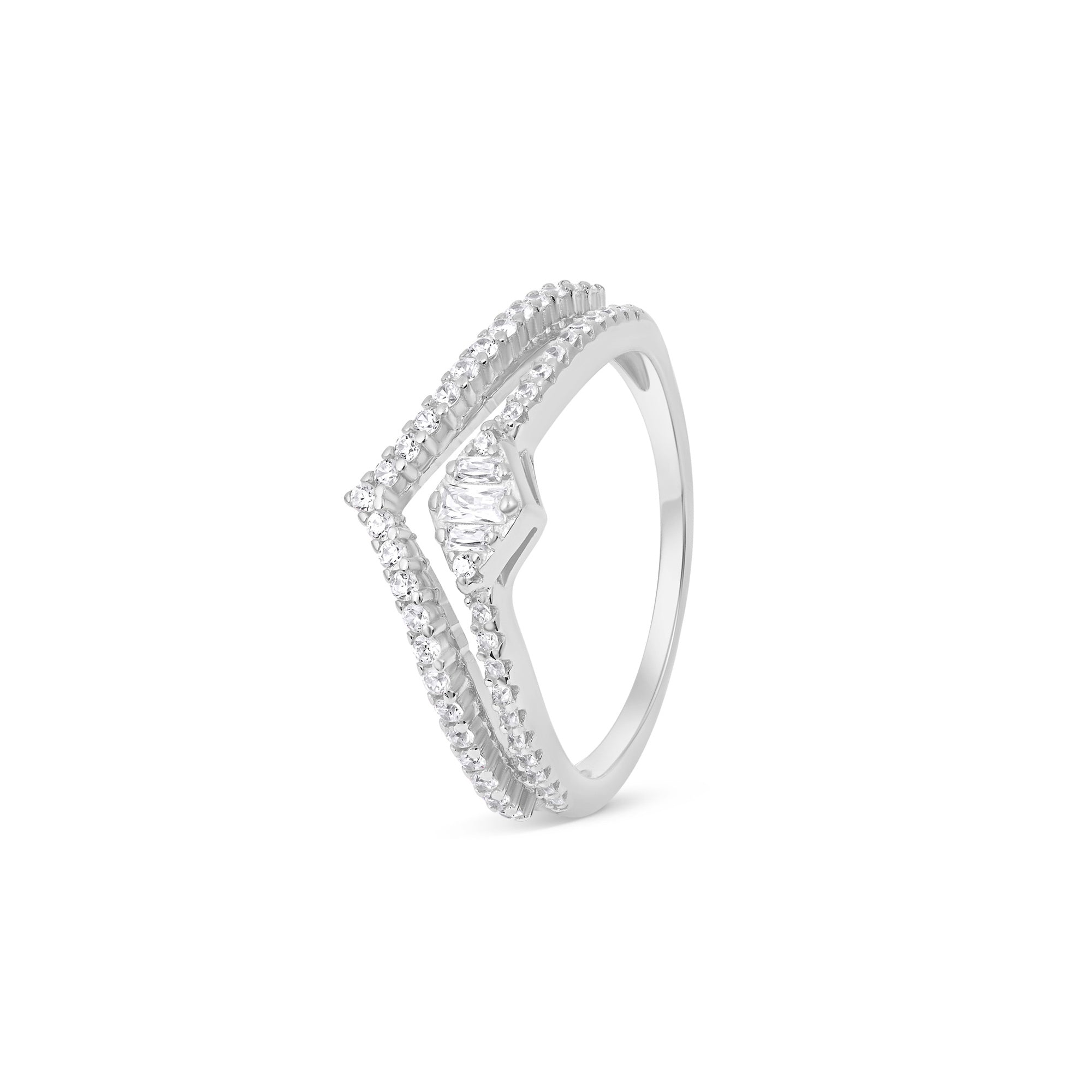 V-Shape Rectangular CZ Silver Ring