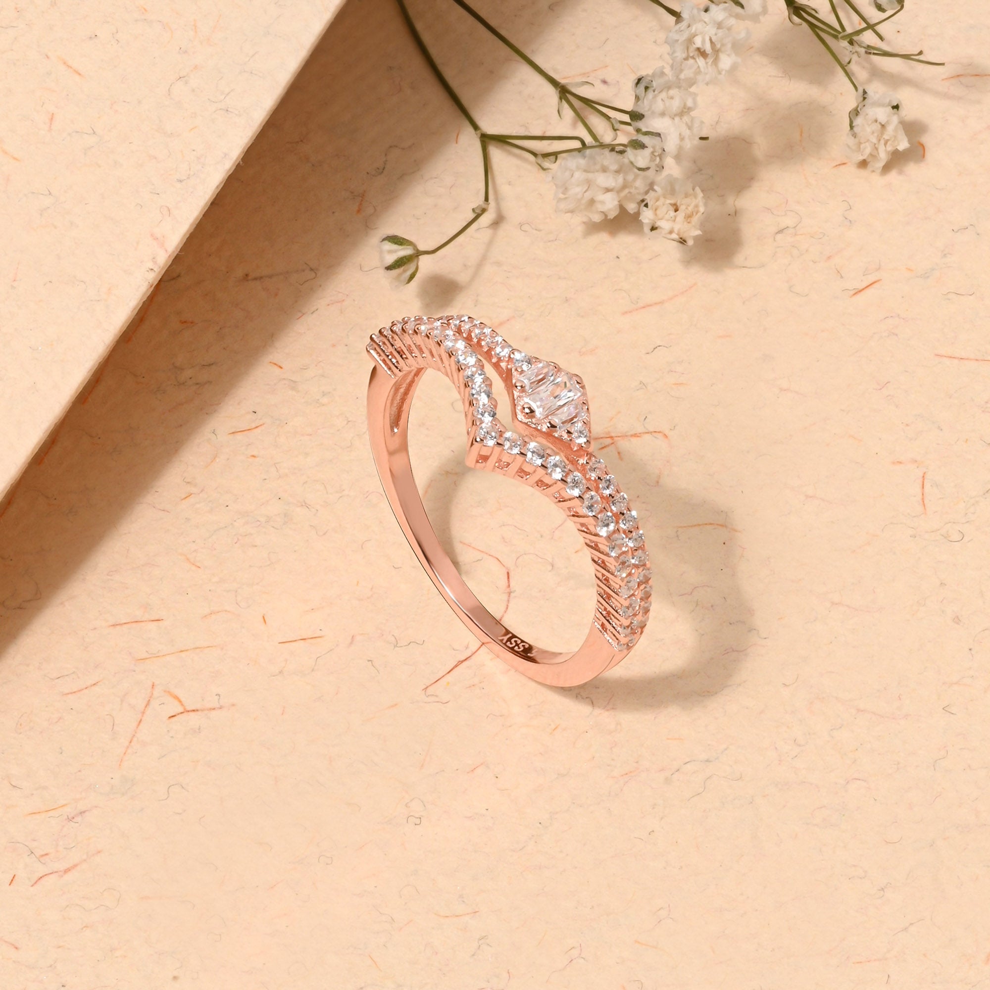 V-Shape Rectangular CZ Silver Ring