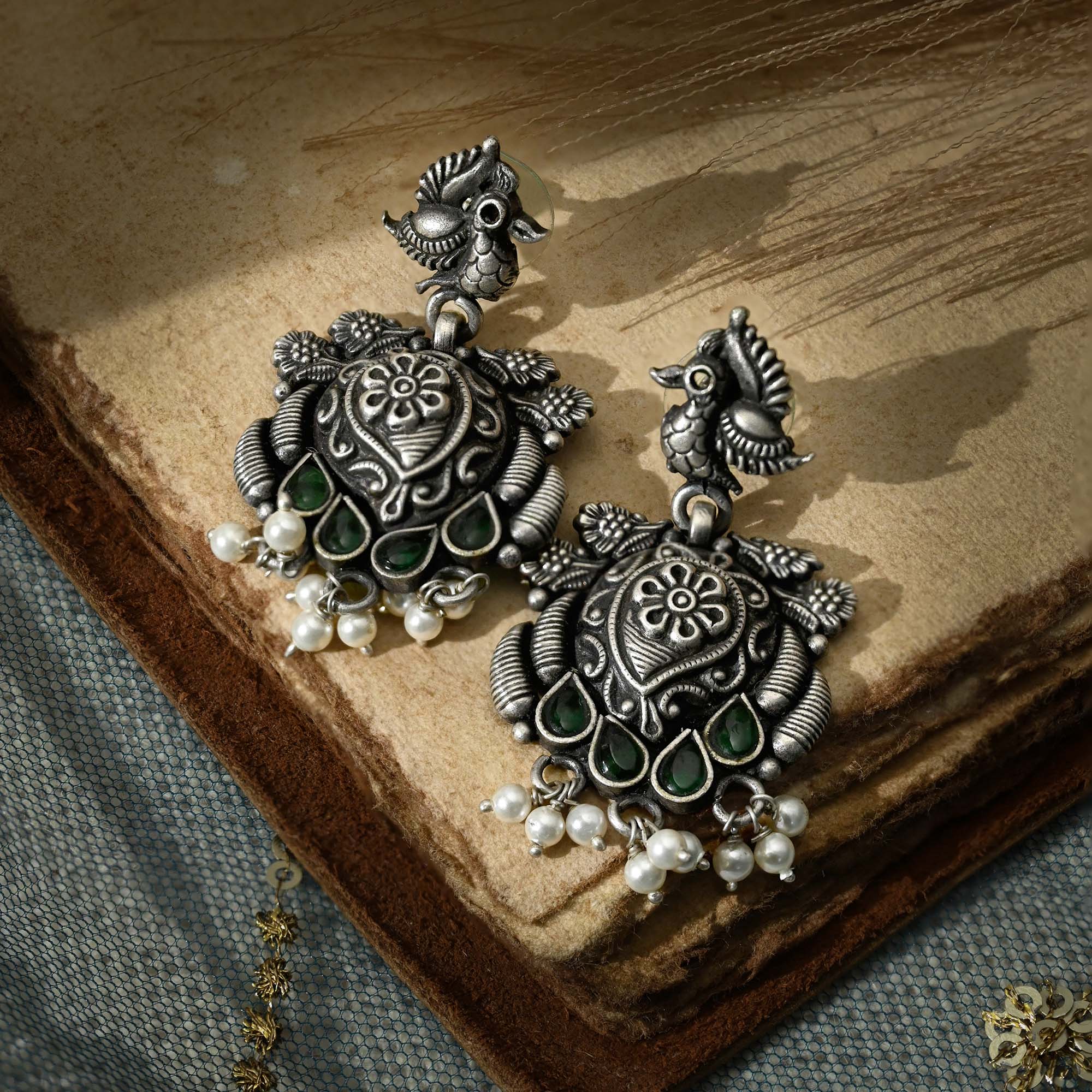 Green Floral Pearl Drops Silver Earrings