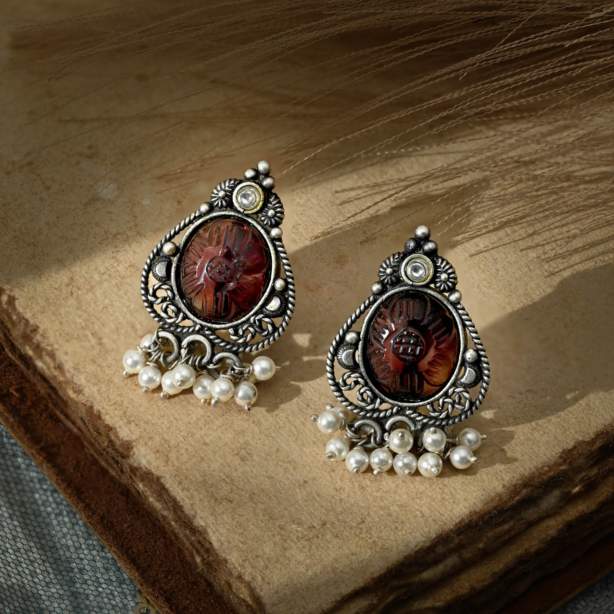 Carved Gemstone Antique Silver Earrings