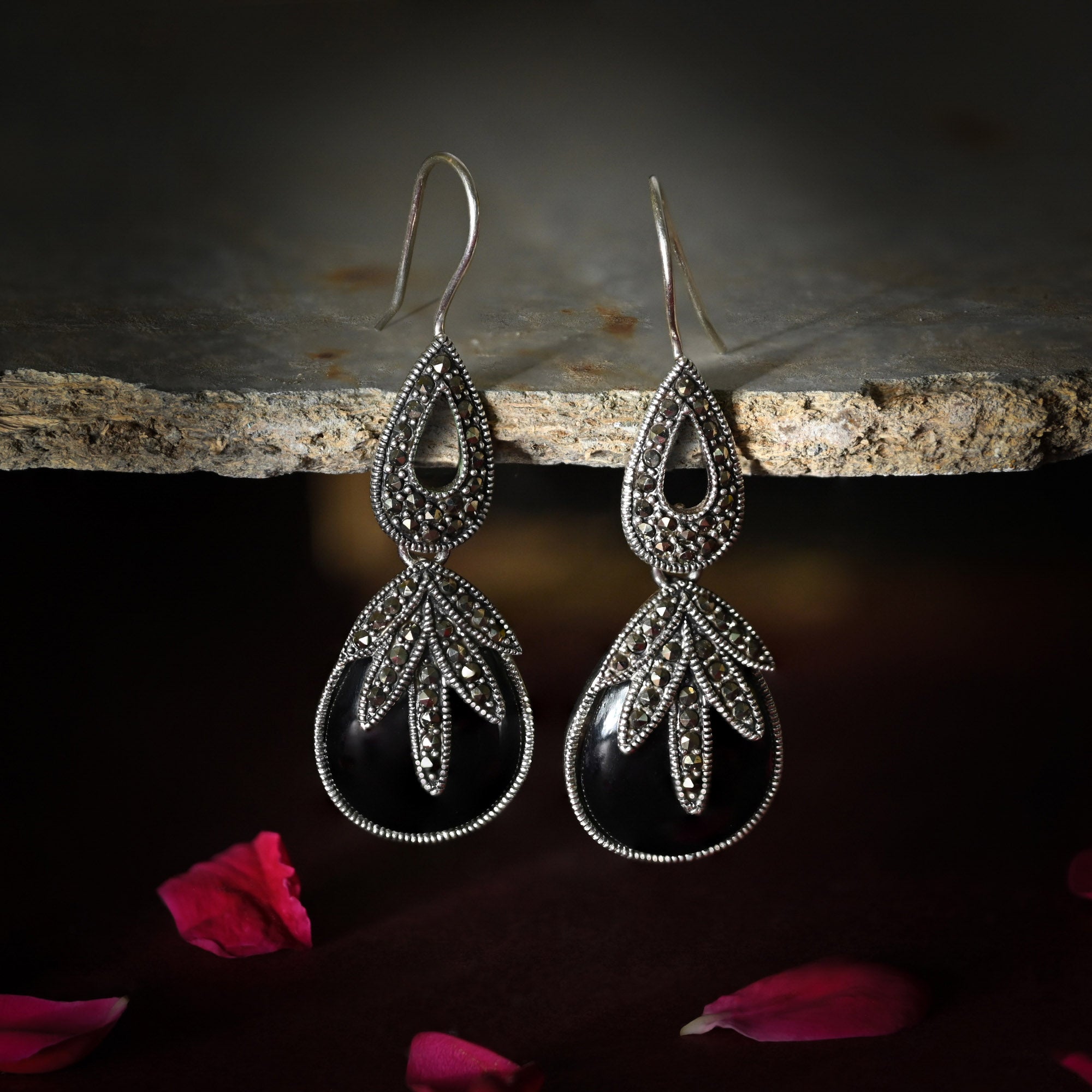 Teardrop Black Stone Silver Earrings