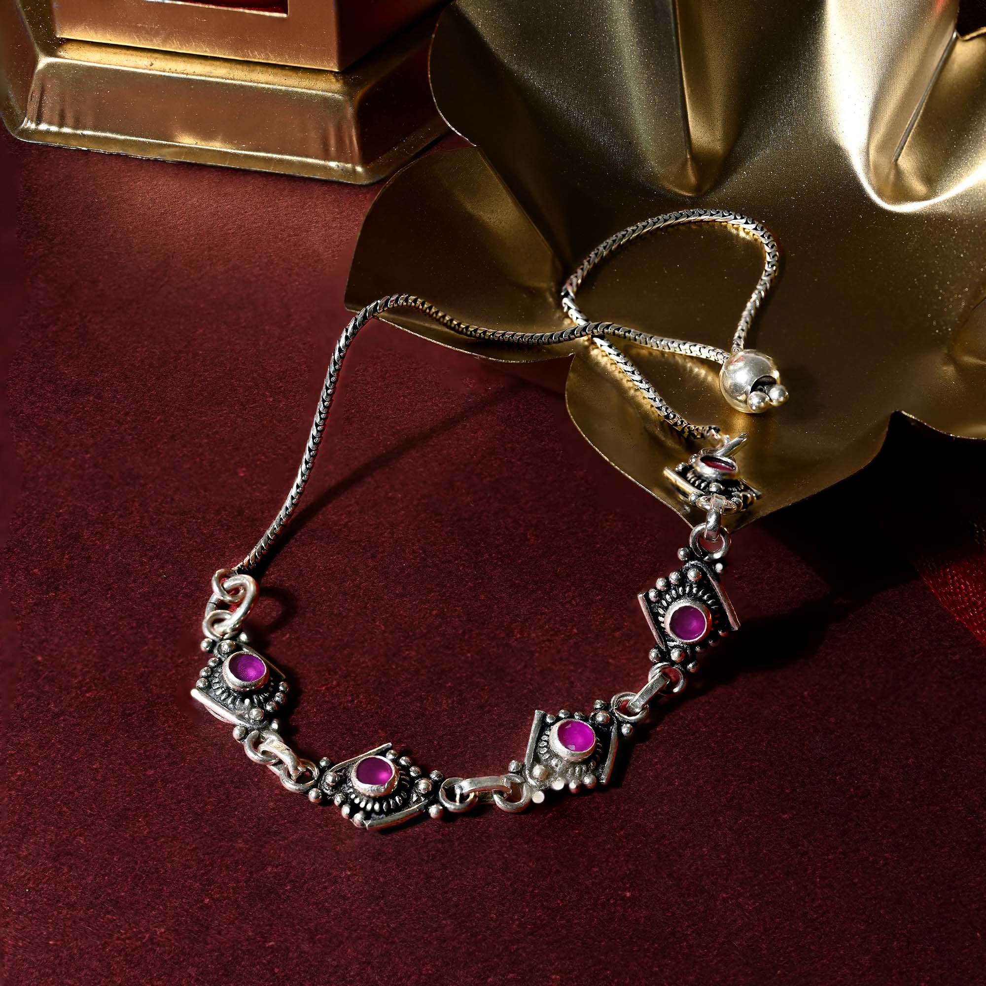 Ruby-Accented Silver Anklet