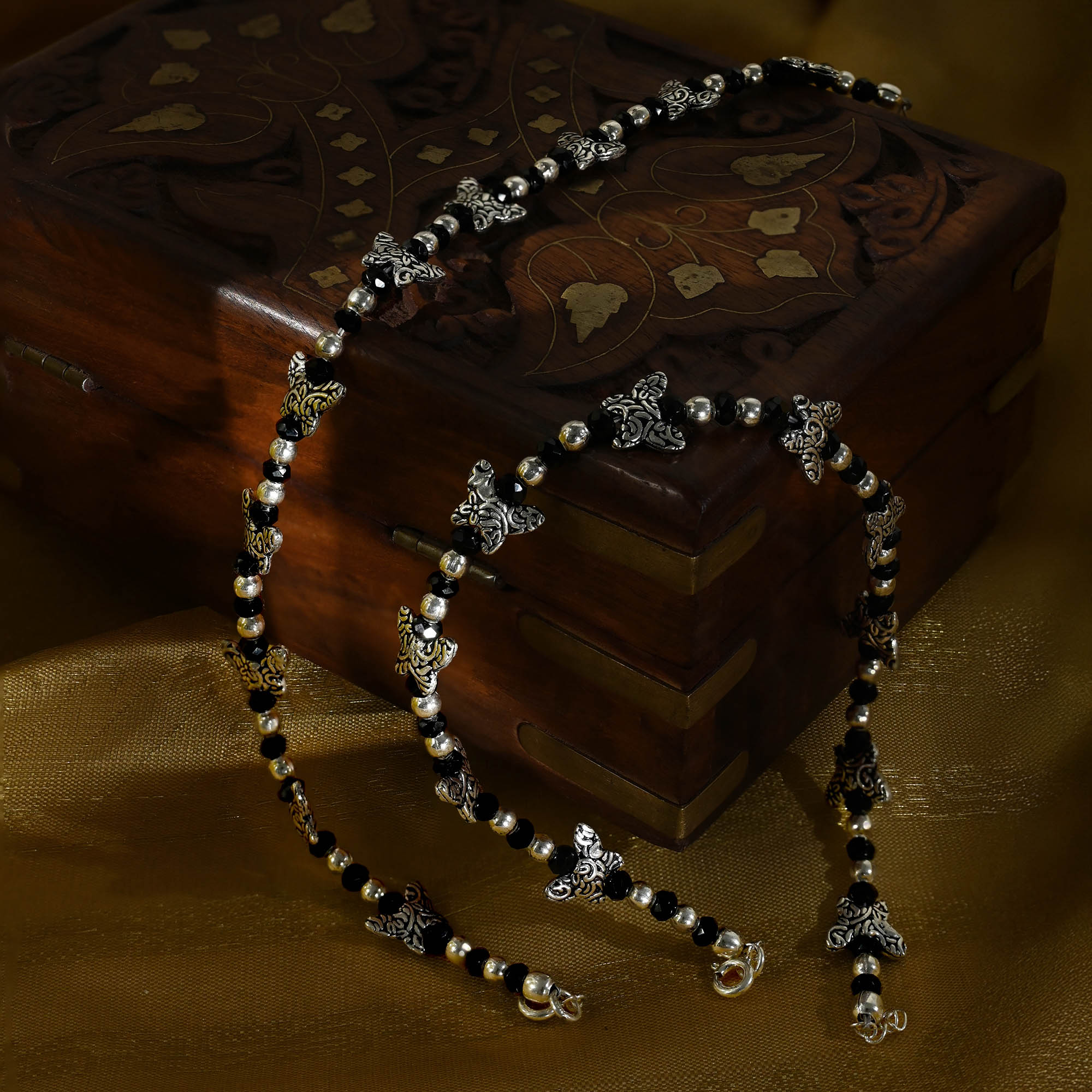 Embellished Beads Oxidised Silver Anklet