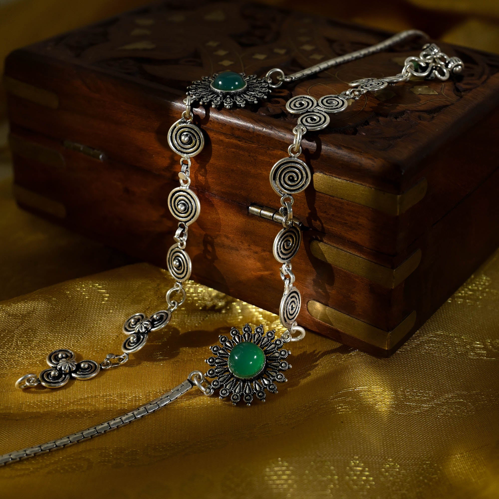 Spiral Motifs Green Stone Anklets