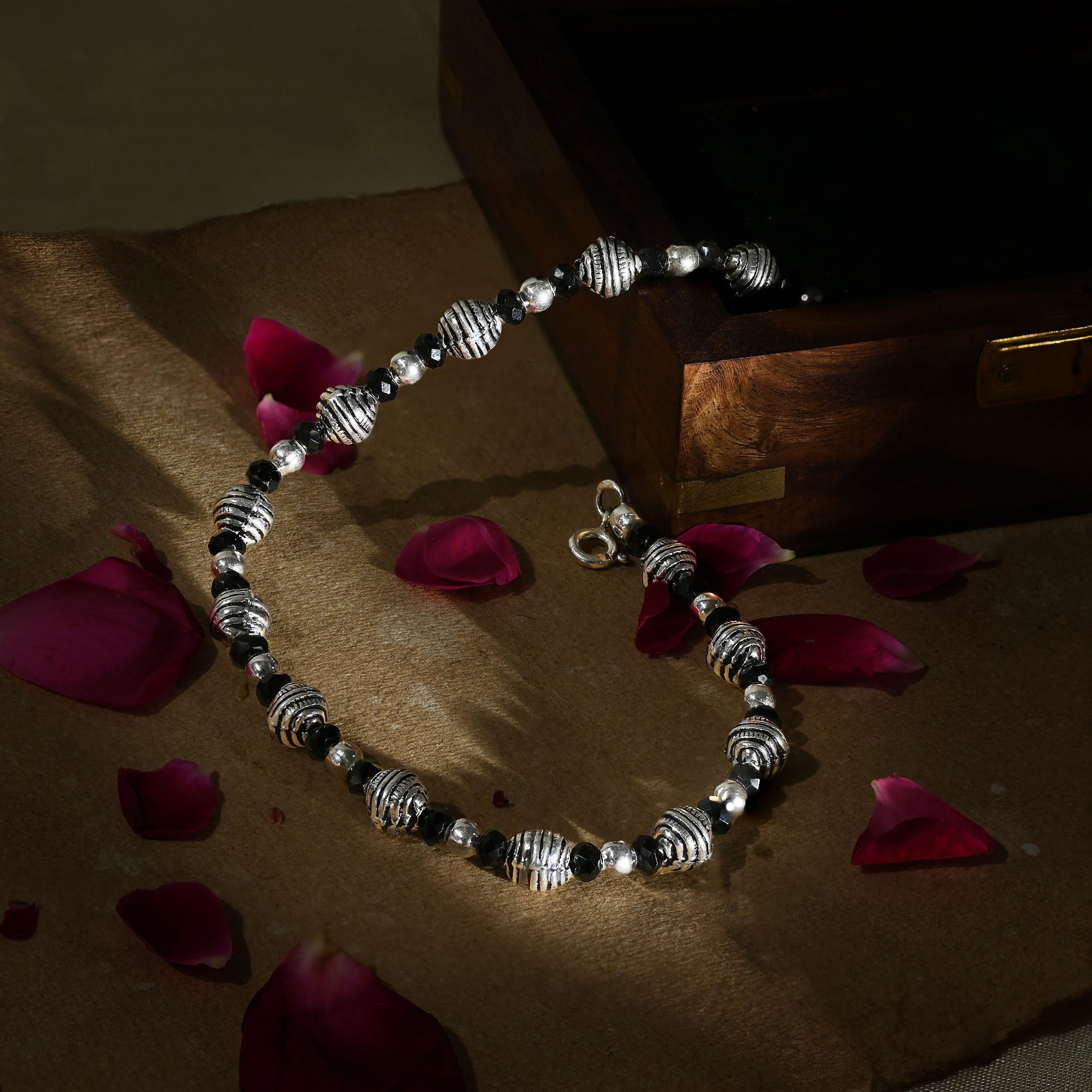 Silver Black Bead Anklet